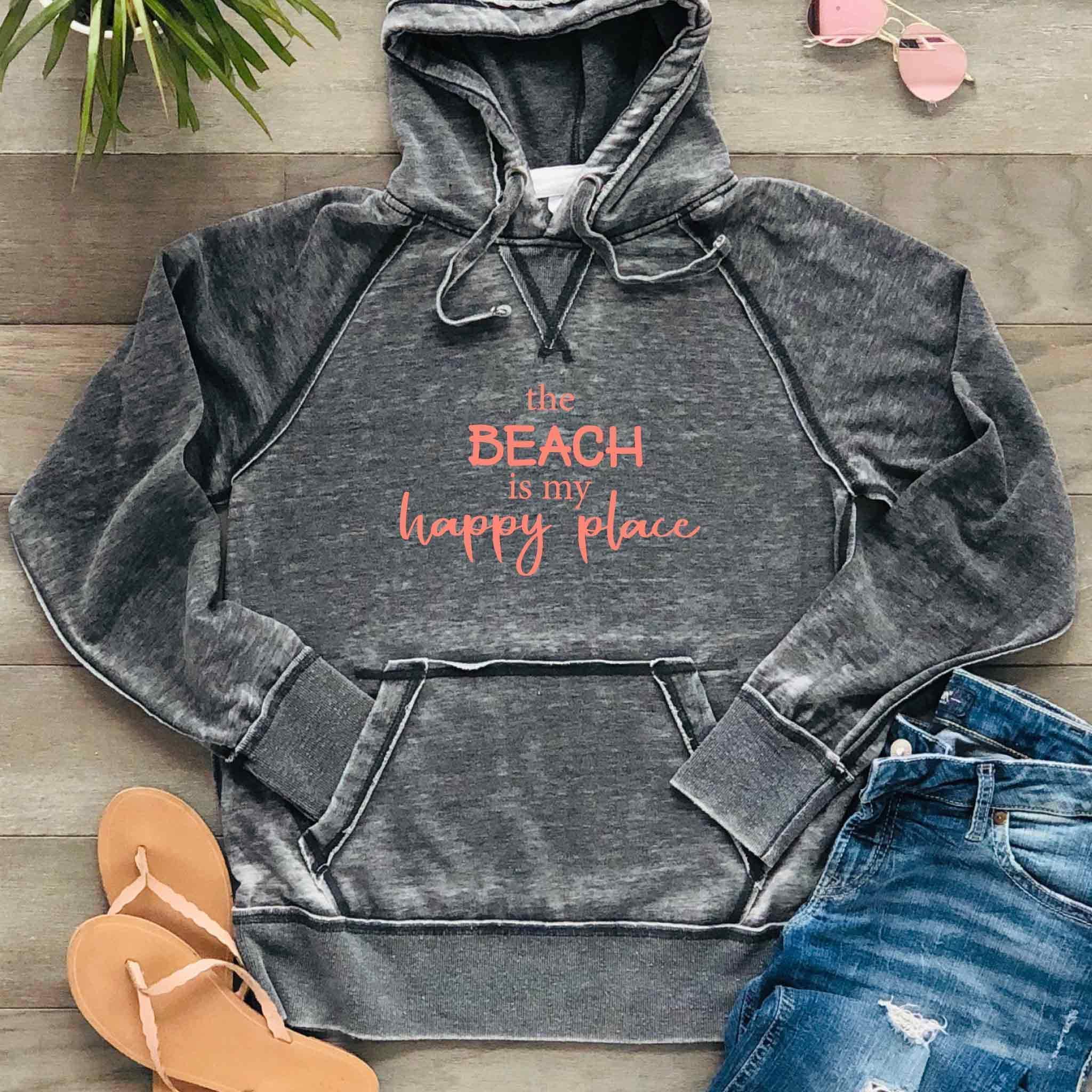 The Beach is My Happy Place Hoodie - Soft Lightweight Burnout Hooded Sweatshirt for Beach Vacation, Available in Sparkly or Matte, Perfect for Casual Outings and Relaxing Evenings