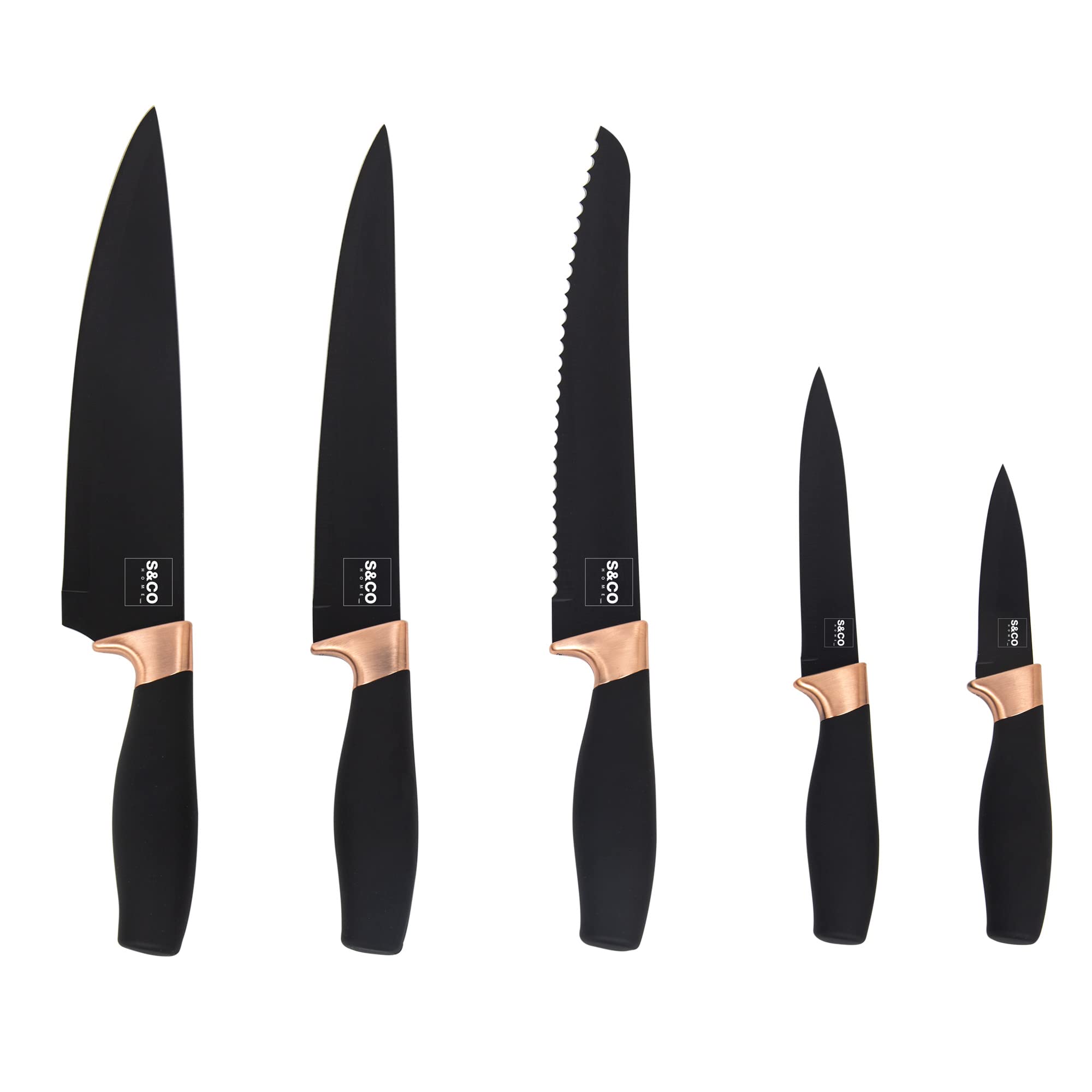 Premium 6-Piece Kitchen Knife Set with Acrylic Block - Ultra Sharp Stainless Steel Knives with Non-Stick Coating - Chef, Bread, Carving, Utility & Paring Knives - Elegant Black & Rose Gold Handles - Perfect for Home Cooking, Professional Chefs & Gift Giving