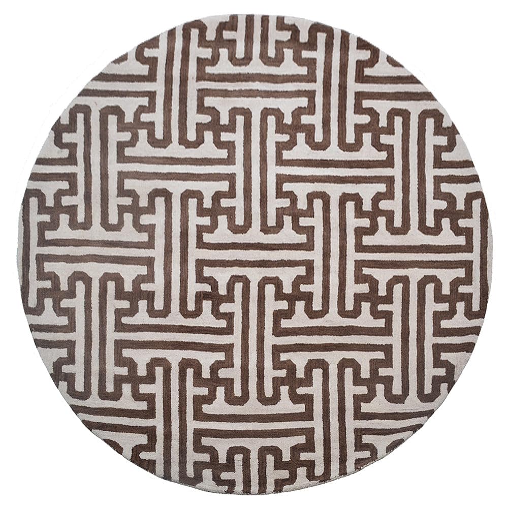Hand Tufted Wool Eco-Friendly Round Area Rug 8'x8' - Cream & Brown Modern Design, High Pile Non-Slip for Living Room & Bedroom | Sustainable Home Decor, Soft Floor Covering for Cozy Spaces (K00727)