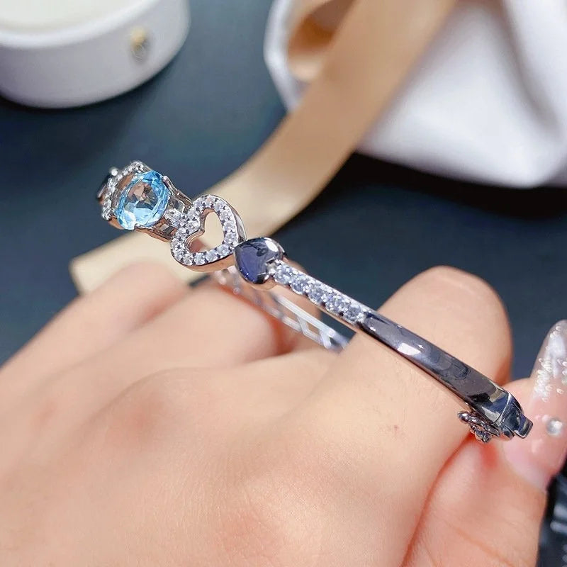 Swiss Blue Topaz Heart Bangle Bracelet for Women - 925 Sterling Silver Adjustable Charm Bracelet | Elegant Jewelry Gift for Valentine's Day, Anniversary & Special Occasions