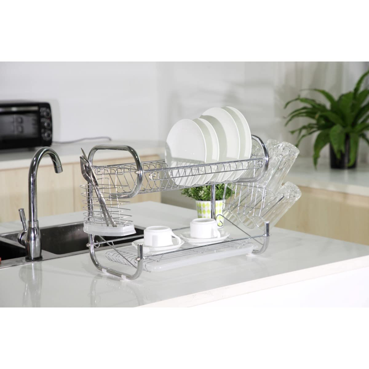 Premium Stainless Steel 2-Tier Dish Drying Rack with Utensil Holder & Cutting Board Storage | Space-Saving 23-Inch Kitchen Counter Organizer | Ideal for Small Kitchens, Apartments & Dish Drainage