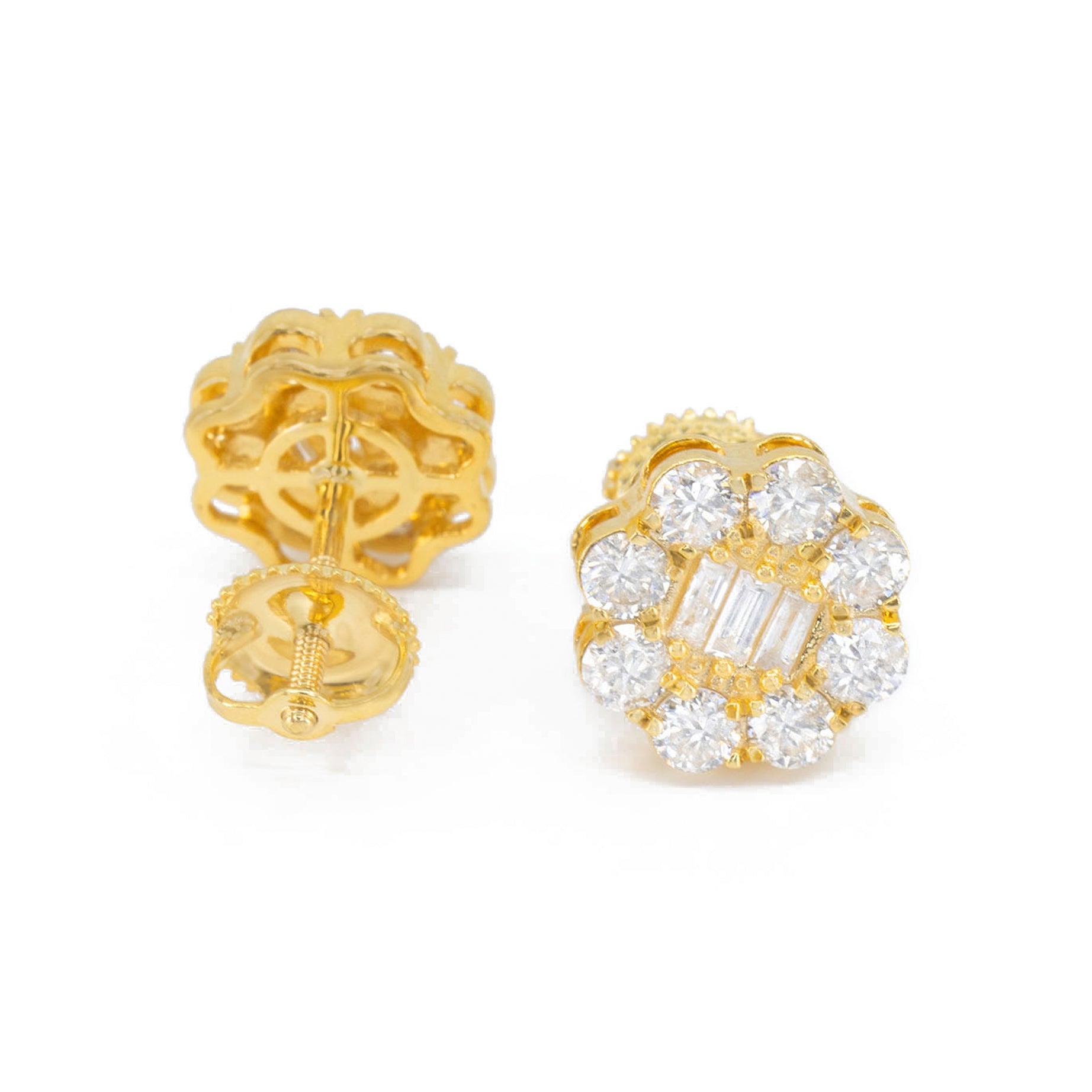 14K Yellow Gold Flower Baguette Diamond VS Stud Earrings for Women | Elegant Dainty Jewelry for Everyday Wear, Date Night & Special Occasions