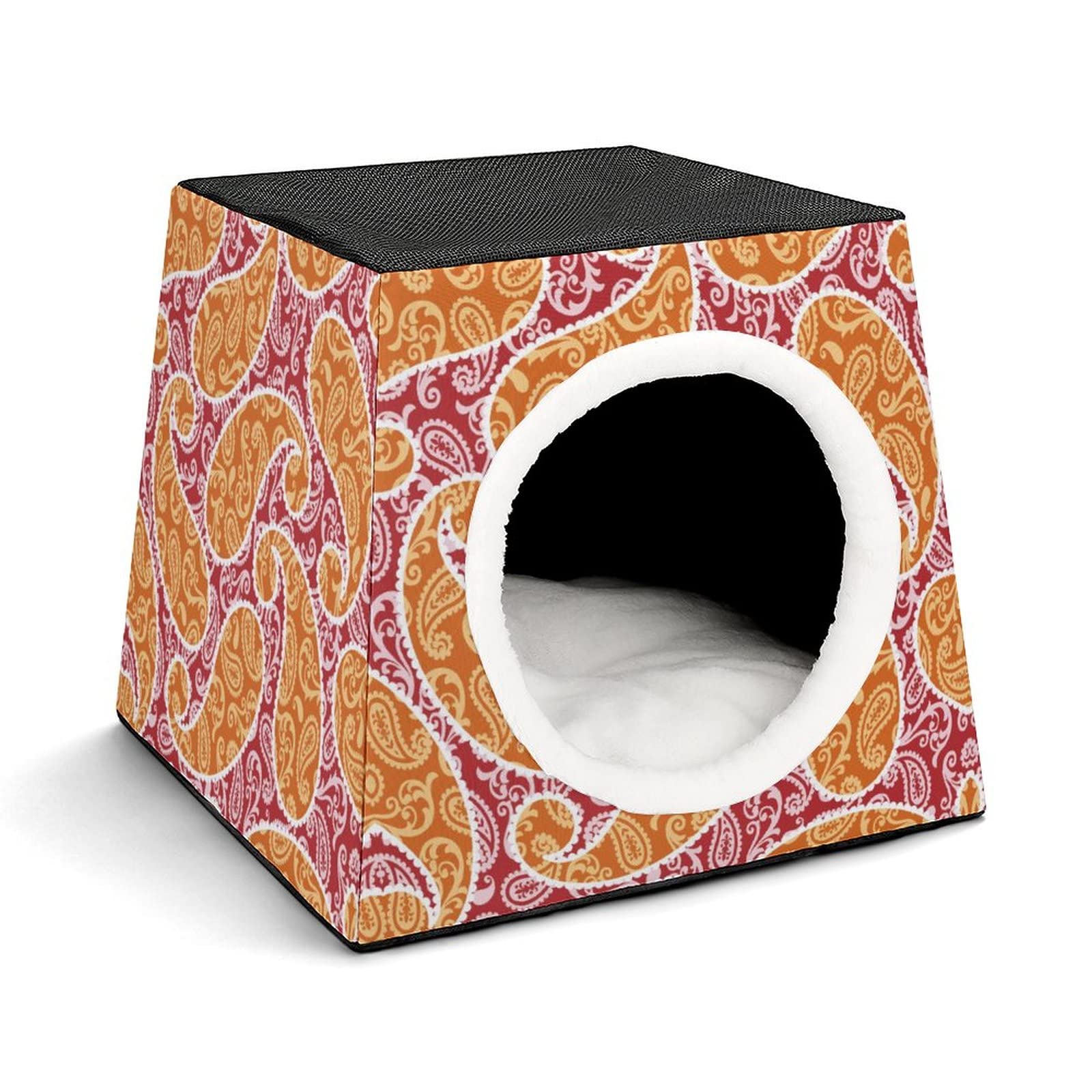 Printed Cat Cube Kitty House - Indoor Cat Bed & Small Dog Shelter - Warm & Cozy Pet Sofa with Red Yellow Paisley Design - Perfect for Napping, Playtime & Cozy Pet Spaces