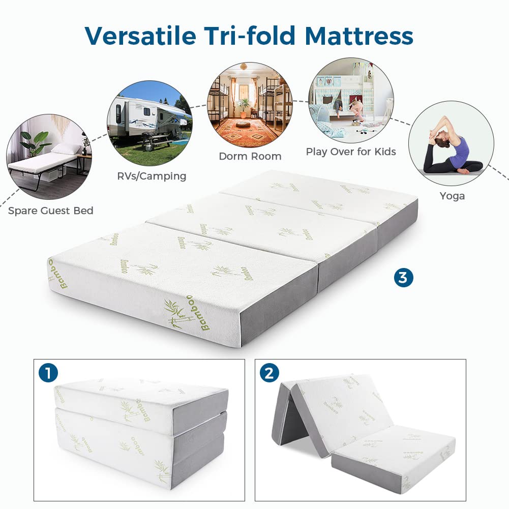 Inofia 6 Inch Twin Size Memory Foam Folding Mattress - Ultra Soft Removable Cover, Non-Slip Bottom & Breathable Mesh Sides, Portable Trifold Design (78