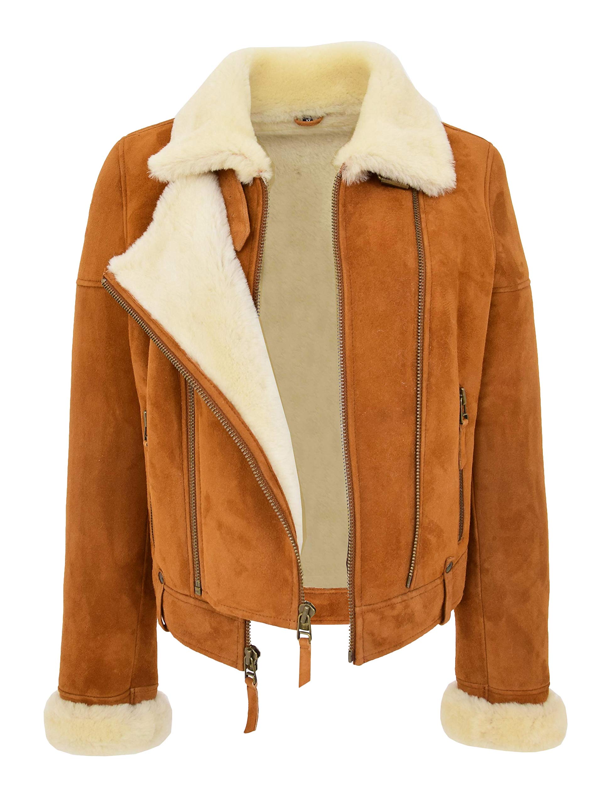 Genuine Sheepskin Aviator Jacket for Women - Double Faced Merino Shearling Coat in Cognac & Poppy | Winter Outerwear, Casual & Travel Fashion
