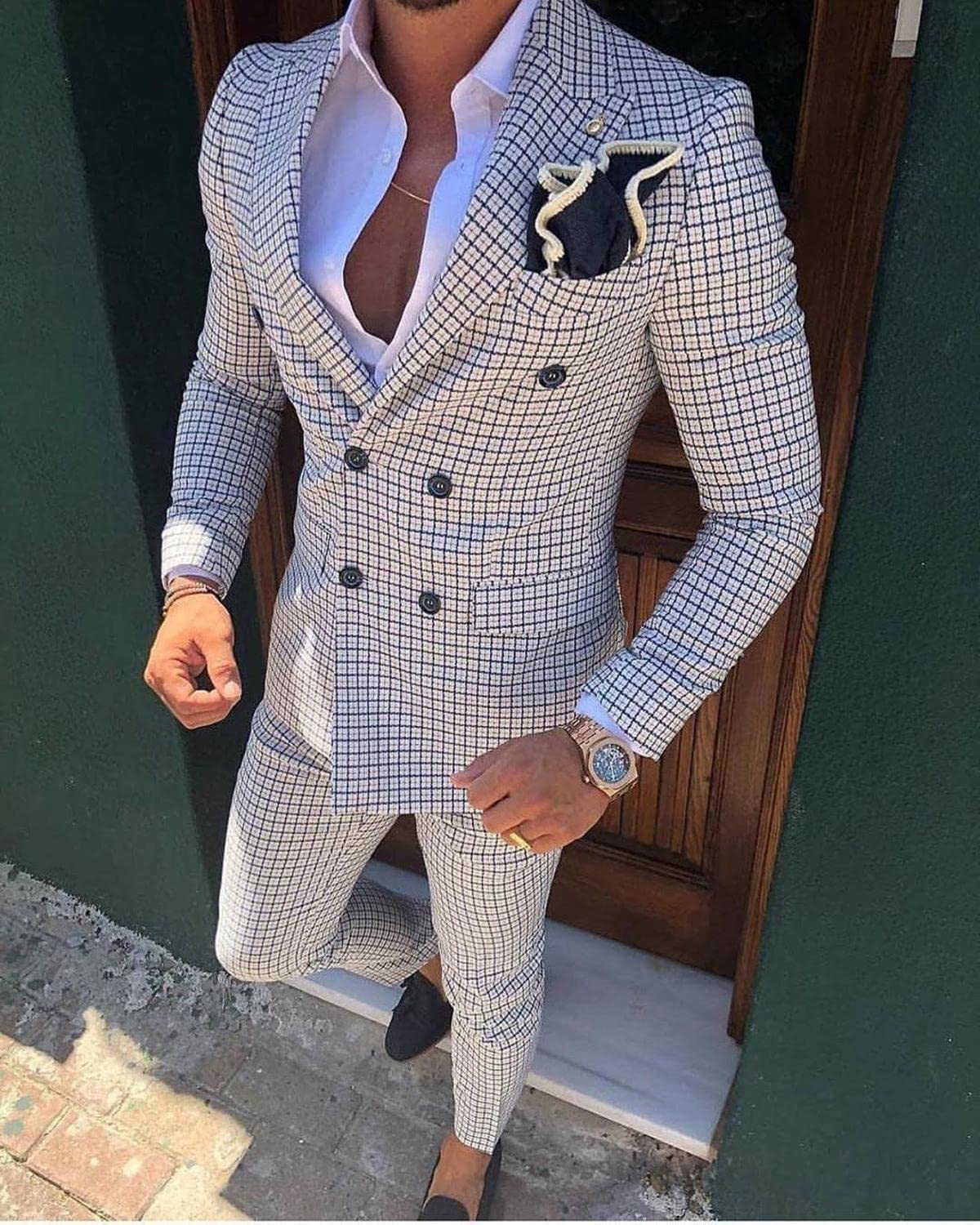 Men's Slim Fit Double Breasted Plaid Suit Set (Blazer + Pants) for Wedding, Groomsmen & Formal Occasions | 2-Piece Casual Business Attire for Office, Parties & Special Events