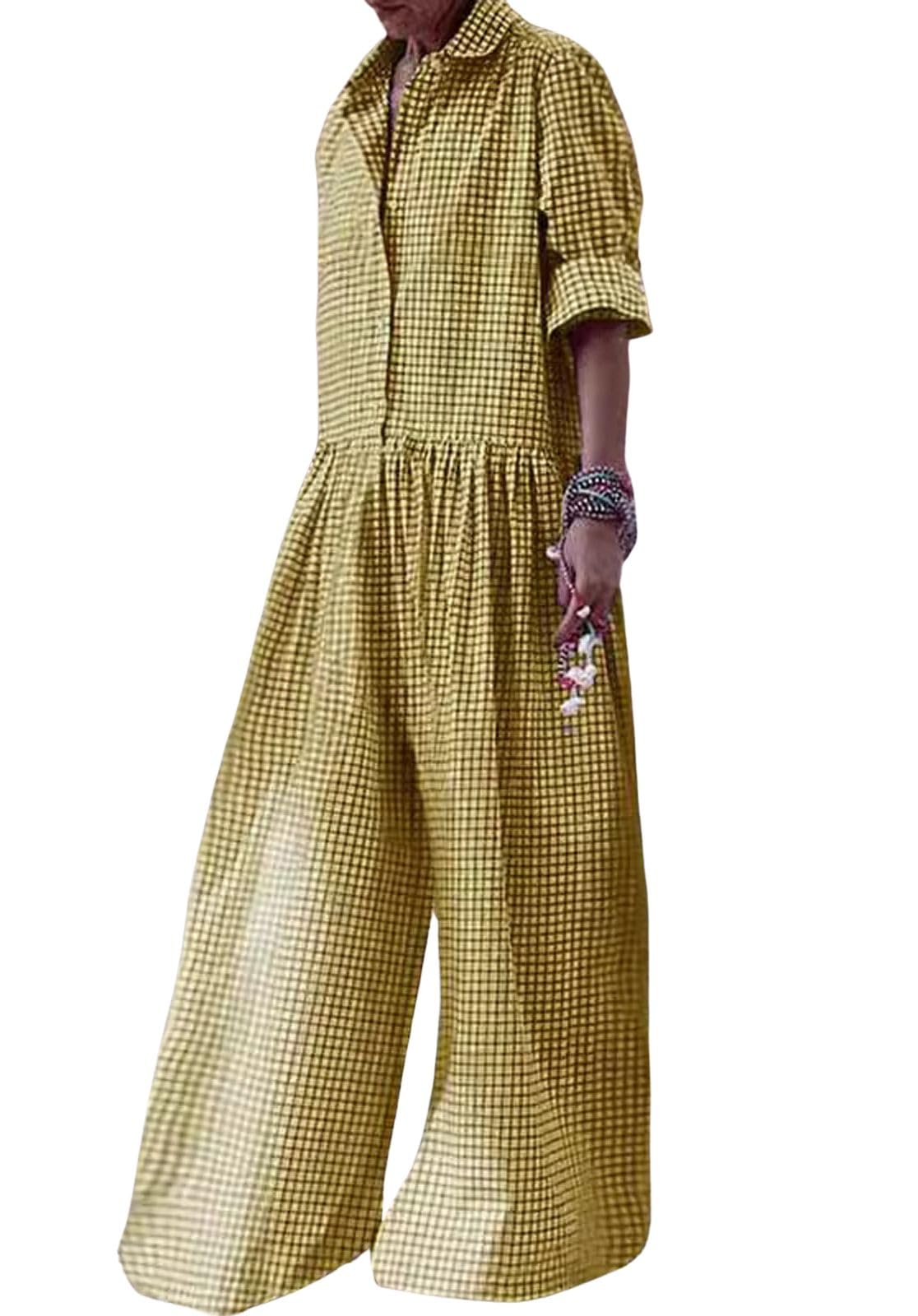 CHARTOU Women's Plaid Jumpsuit - Button Down Shirt Style Roll-Up Sleeve Romper with Gingham Print & Wide Leg Flow Pants | Casual Outfit for Spring, Summer Dates & Office Wear