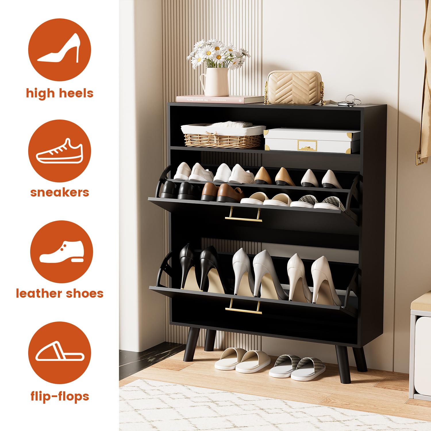 Modern Black Shoe Cabinet with 2 Flip Drawers - 2 Tier Freestanding Shoe Organizer for Entryway, Hallway & Living Room - Space Saving Storage Solution for Shoes, Boots & Accessories - Perfect for Small Apartments & Clutter-Free Homes