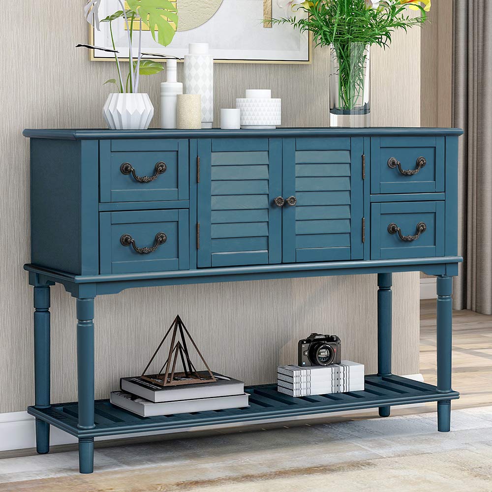 Veryke 2-Tier Rustic Wooden Console Table with 4 Drawers & Storage Shelf - Entryway Sofa Side Table, Hallway Cabinet & Living Room Organizer (Antique Navy) | Perfect for Small Space Decor & Home Storage Solutions