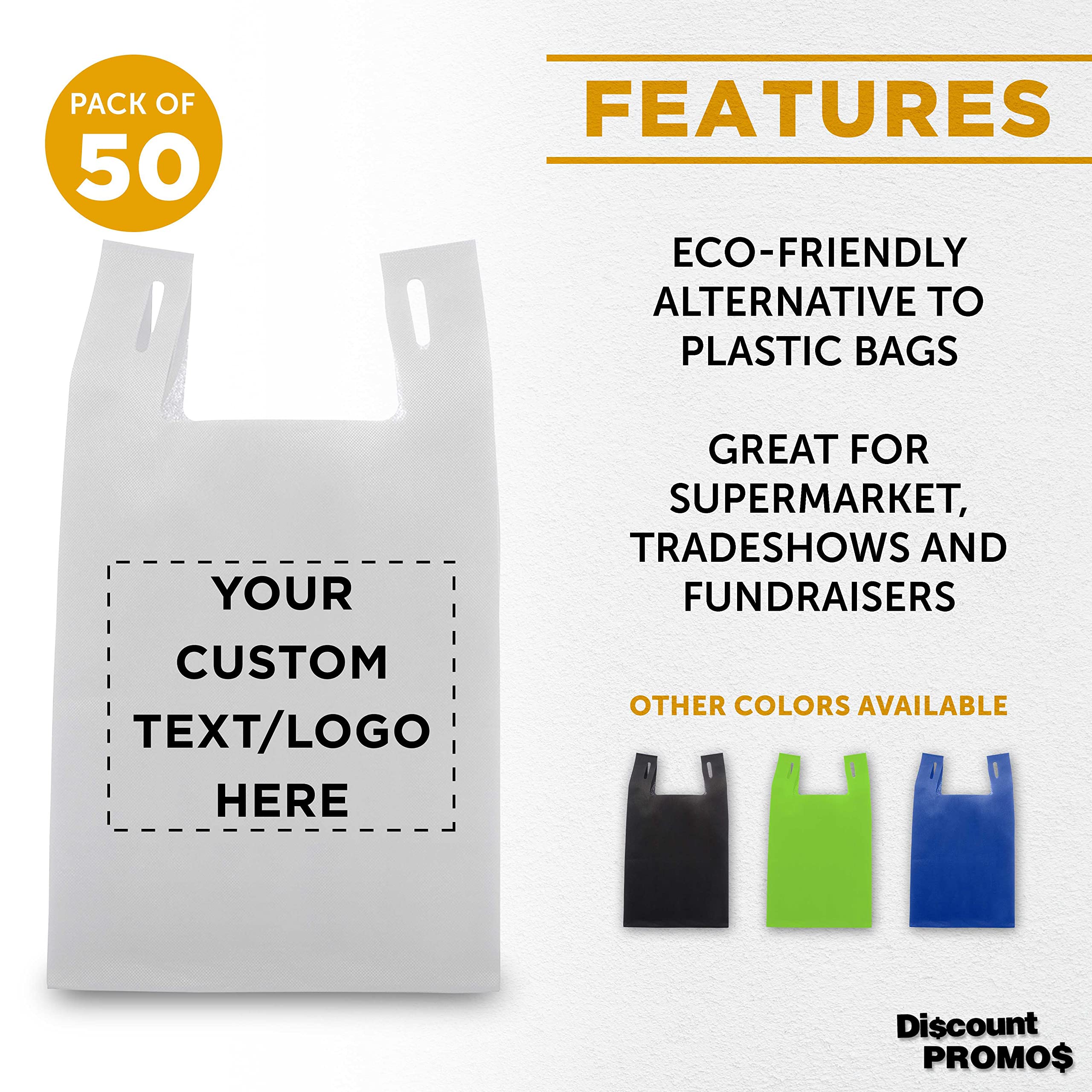 Custom Bodega Lightweight Tote Bags - Bulk Pack of 50 Reusable Grocery Bags - Personalized Promotional Totes for Trade Shows, Parties & Picnics - Eco-Friendly White Shopping Bags (Great for Retail Stores, Events & Everyday Use)