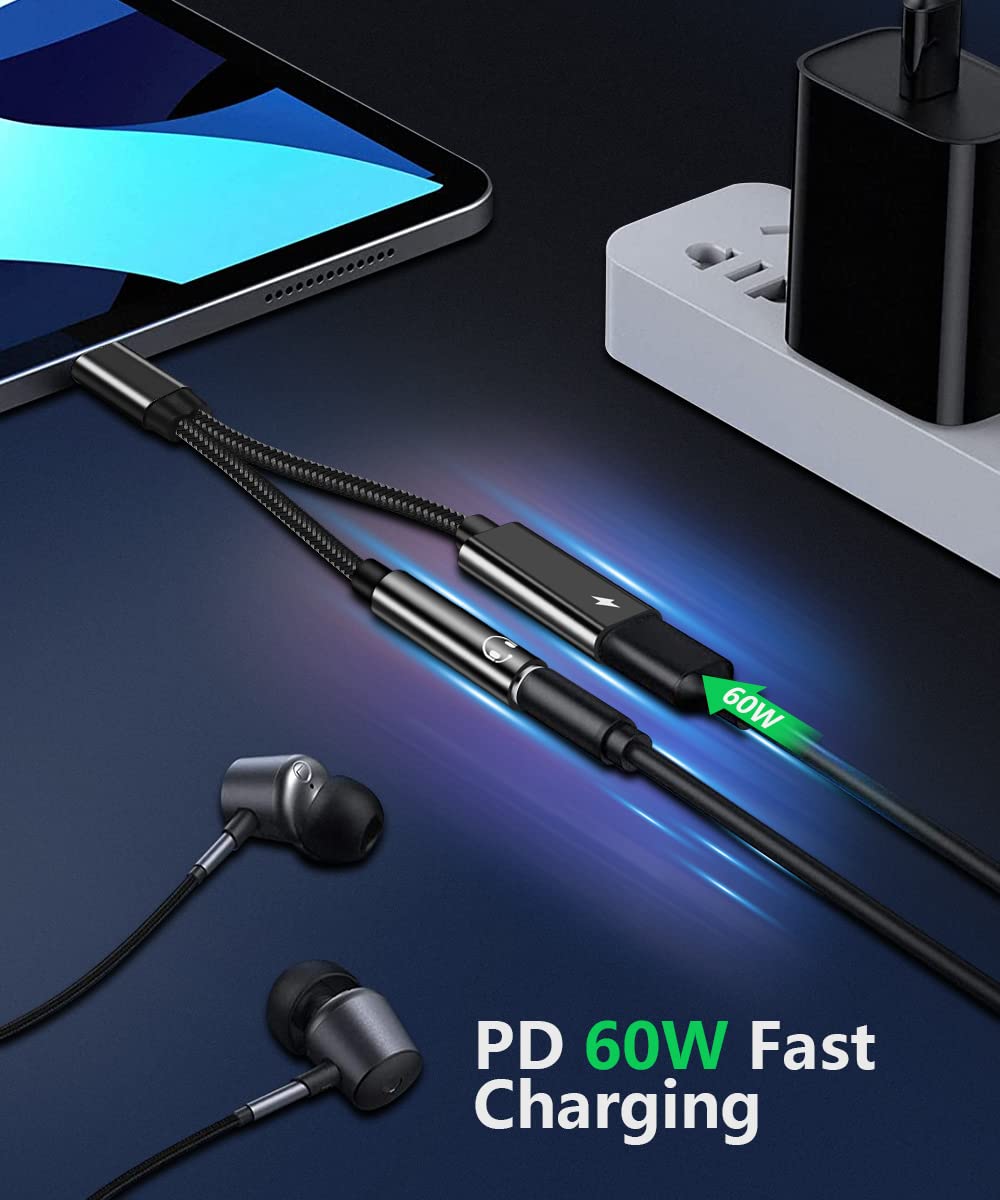 2-in-1 USB C to 3.5mm Headphone Jack Adapter with 60W PD Fast Charging - Hi-Fi Audio & Power Delivery Dongle for iPhone 16/15 Pro Max/Plus, Galaxy S24/S23/S22, Pixel 9/8/7 - Perfect for Travel, Gaming & Charging On-The-Go
