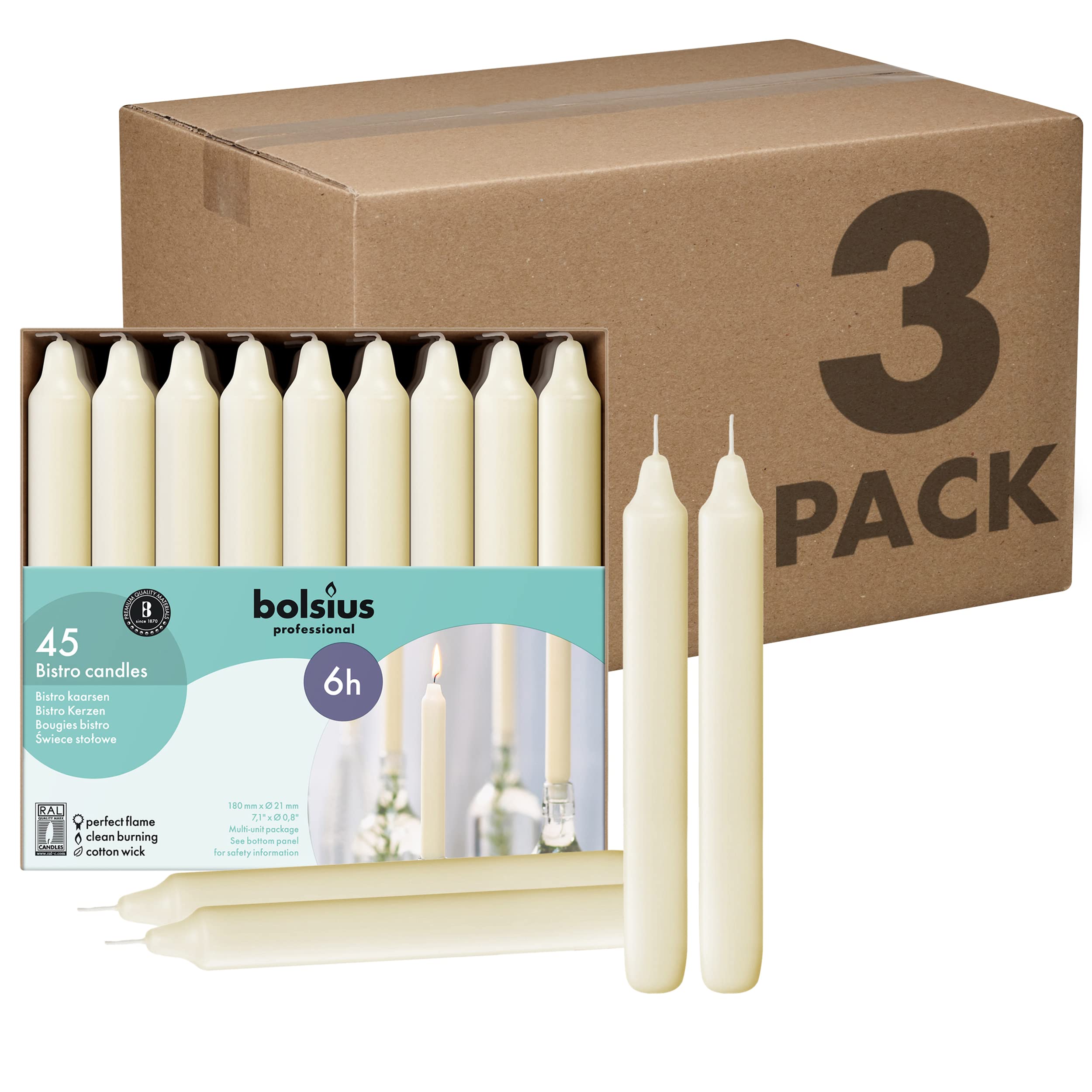 BOLSIUS Ivory Candlesticks - Bulk Pack of 135 Unscented Dinner Candles (3 Packs) - Premium European Quality, Smokeless & Dripless - 6+ Hour Burn Time - Perfect for Weddings, Restaurants & Romantic Dinners