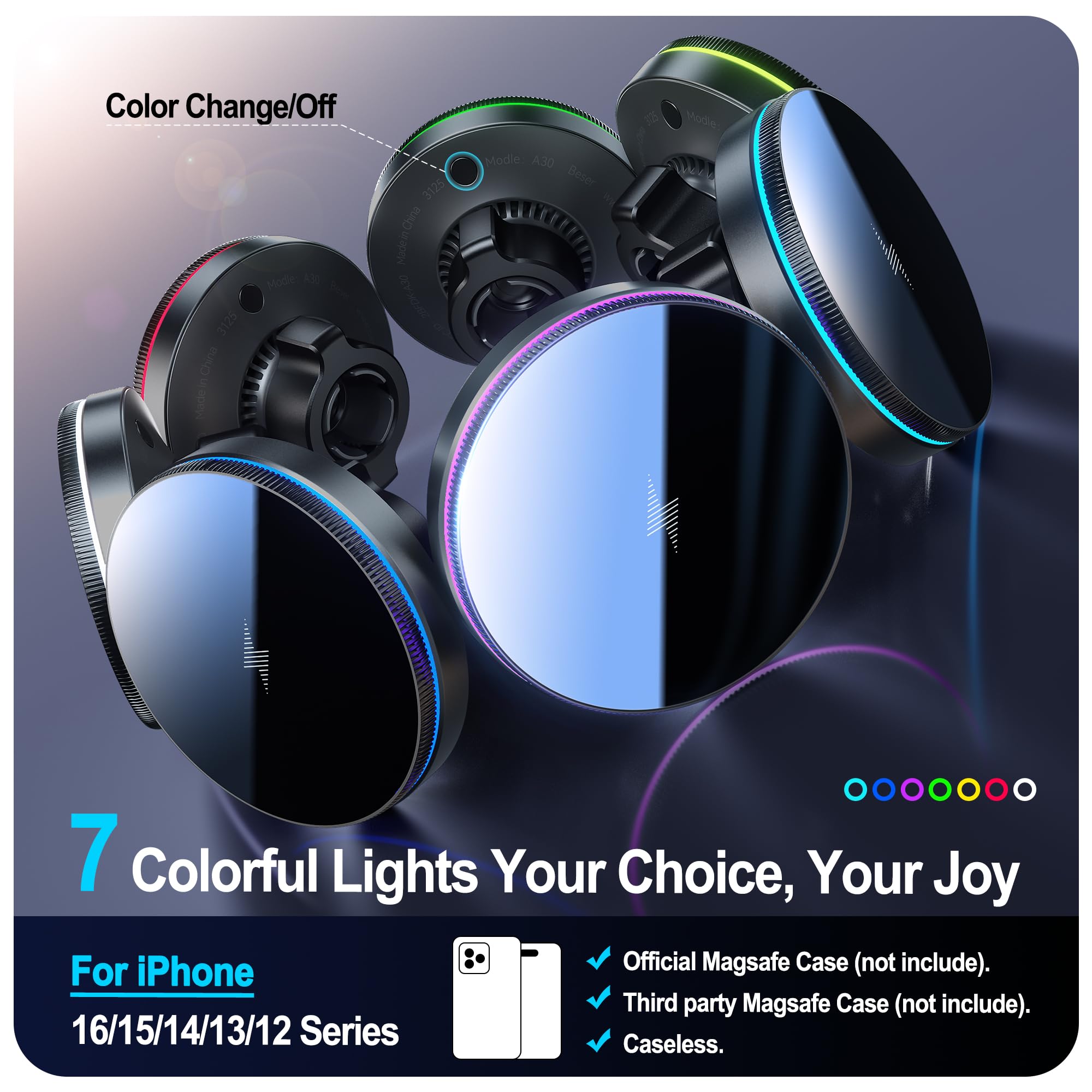 Beser MagSafe Car Mount Charger - 15W Qi Wireless Charging, Strong 4.13 lbf Magnet for iPhone 15/14/13/12 Series - Vent/Dashboard Phone Holder with 7 Color LED Lights & Aluminum Design (Black) - Perfect for Commuting, Road Trips & Hands-Free Driving