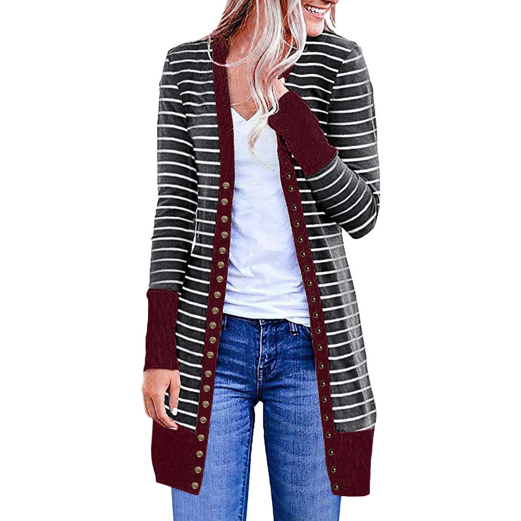 Women's Casual Long Sleeve Striped Patchwork Cardigan - Open Front Blouse Coat for Everyday Wear | Perfect for Office, Date Night & Fall Layering