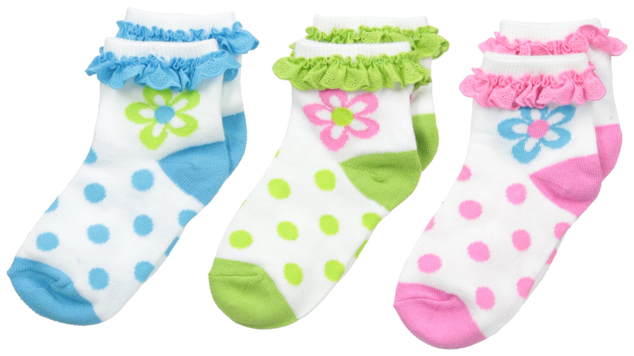 Jefferies Big Girls' Daisy Eyelet Ankle Socks - 3 Pair Pack (White/Pink/Blue) - Cute & Comfortable Socks for School, Playdates & Everyday Wear