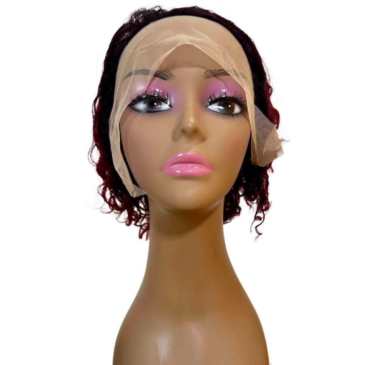 Burgundy Ombre Curly 13x1 Transparent Lace Front Human Hair Pixie Wig - 100% Real Hair for Daily Wear & Cosplay