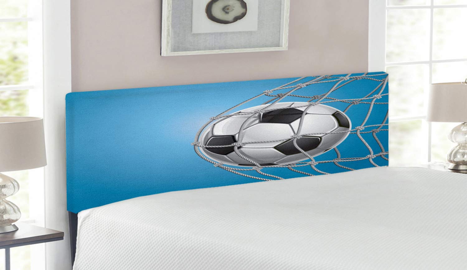 Ambesonne Queen Size Soccer Headboard - Football Goal Net Design Upholstered Metal Bed Frame with Memory Foam - Blue Pale Grey Black - Perfect for Sports Lovers Bedroom Decor & Teen Boys Room Theme