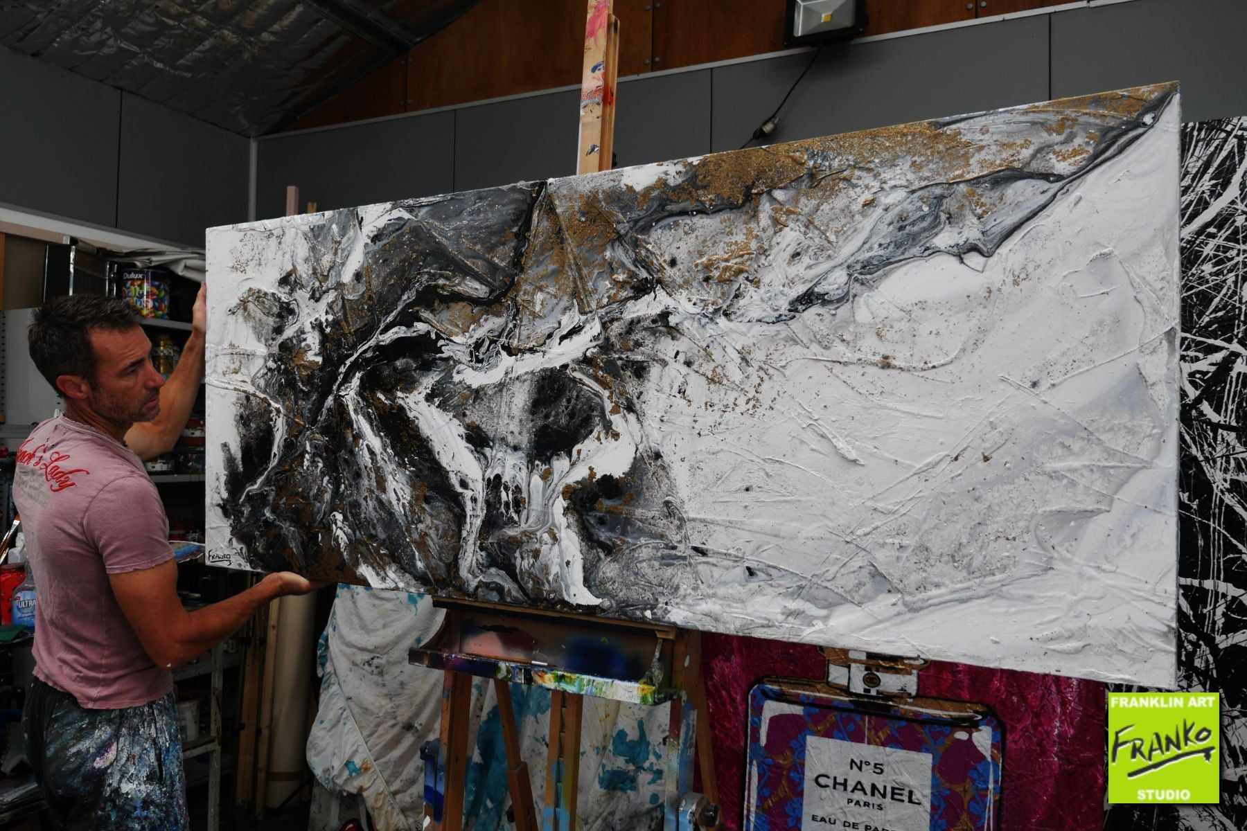 Fluid Rush 200cm x 80cm Abstract Textured Painting - Black Gold White Grey Modern Wall Art for Living Room, Bedroom & Office Decor