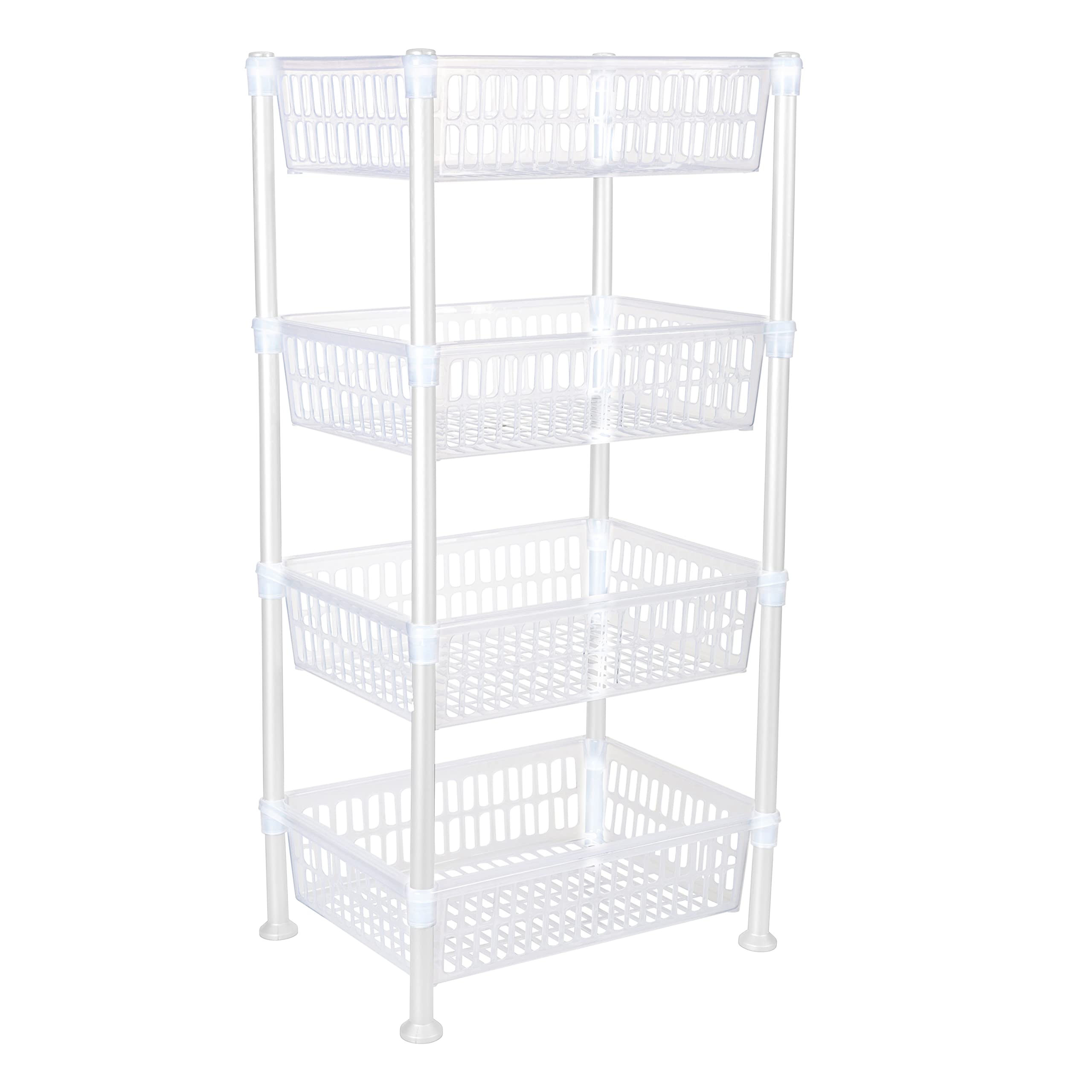 4-Tier Slim Basket Shelf Rack for Kitchen Storage & Organization - Space-Saving Organizer for Pantry, Bathroom, Laundry Room & Office - Perfect for Food, Supplies & Household Items (White) - Ideal for Small Spaces & Clutter-Free Homes
