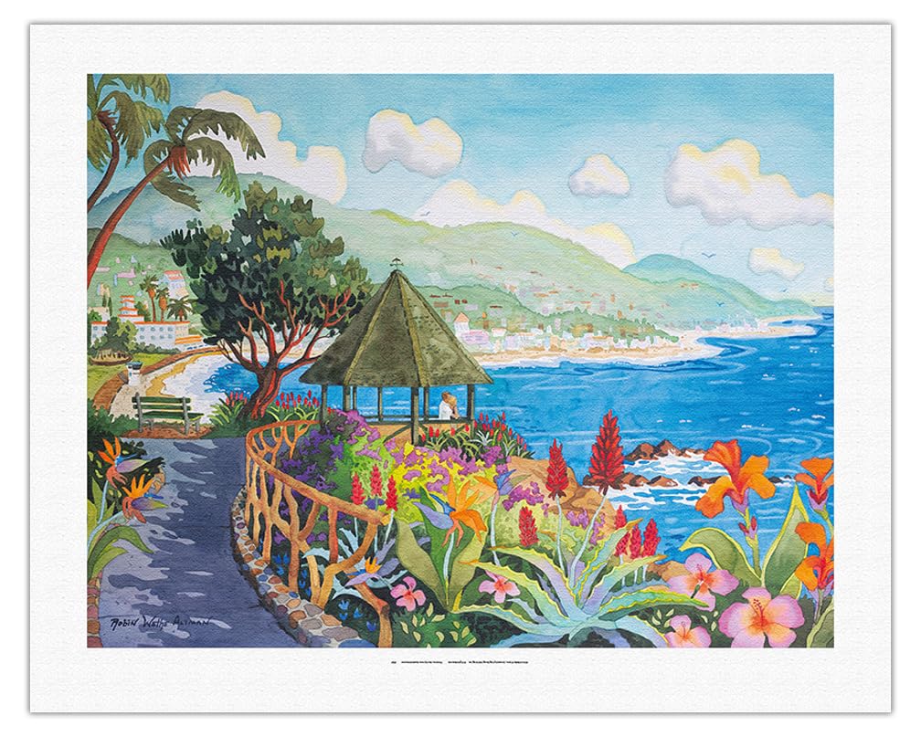 Laguna Beach Gazebo & Ocean View Watercolor Art Print - Heisler Park California Coastal Landscape - 20x26in Rolled Canvas Wall Decor for Living Room, Bedroom & Office - Original Painting by Robin Wethe Altman