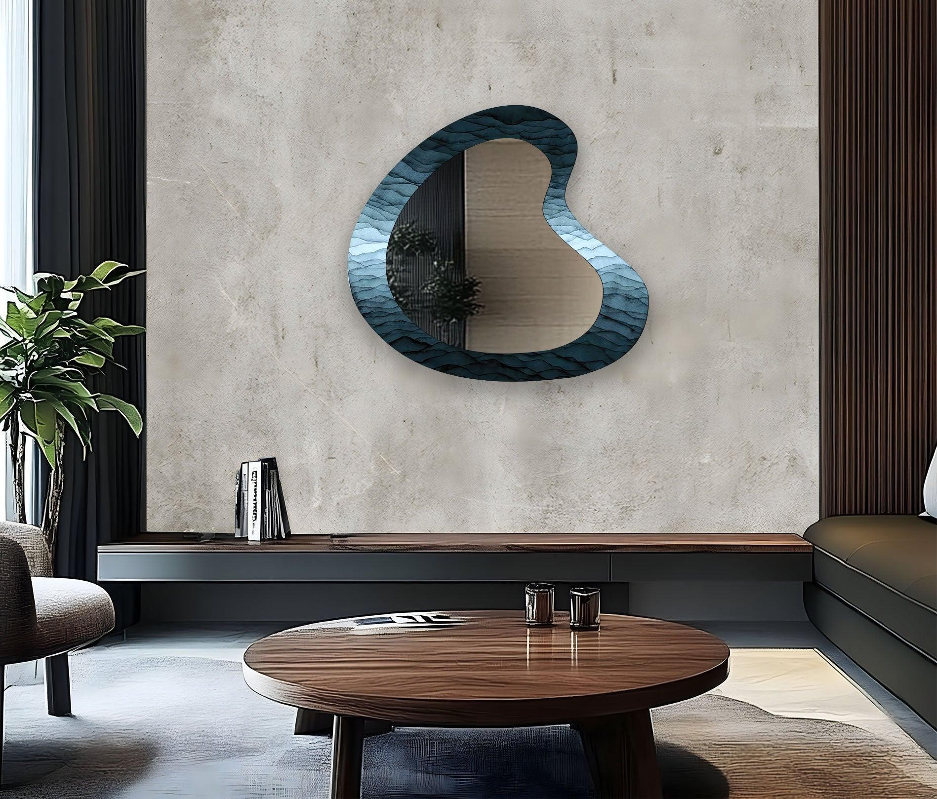 Abstract Blue Asymmetrical Wall Mirror - Modern Decorative Mirror for Living Room, Bedroom, Entryway - Unique Handmade Art Piece for Home Decor