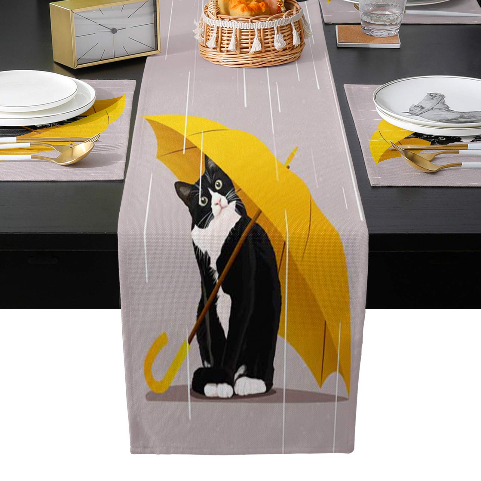 72 Inch Funny Cat Yellow Umbrella Table Runner and 6-Piece Placemats Set - Heat Resistant Cotton Linen Dining Table Decor for Kitchen, Party, and Everyday Use