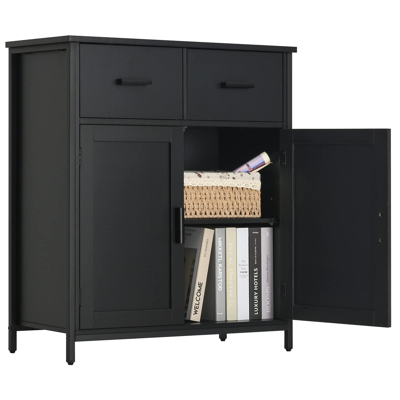 USIKEY 2-Drawer Floor Storage Cabinet with Doors - Wooden Accent Kitchen Cupboard, Free Standing Sideboard for Living Room, Bedroom, Hallway & Kitchen - Dark Black Finish for Home Organization & Stylish Storage
