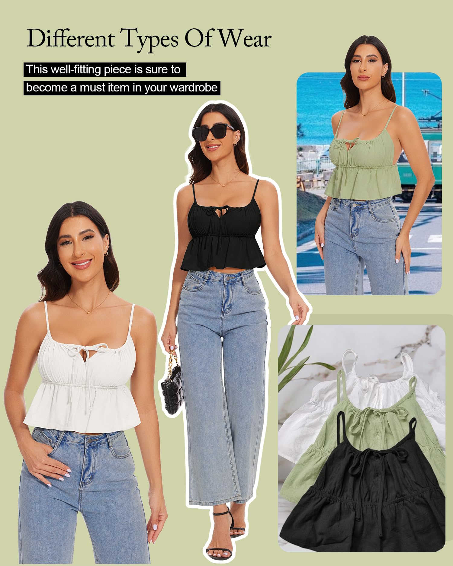 Jenbou Women's Square Neck Tie Front Crop Top - Sexy Ruched Ruffle Hem Summer Tank Top for Casual Outfits, Beach Wear & Night Out