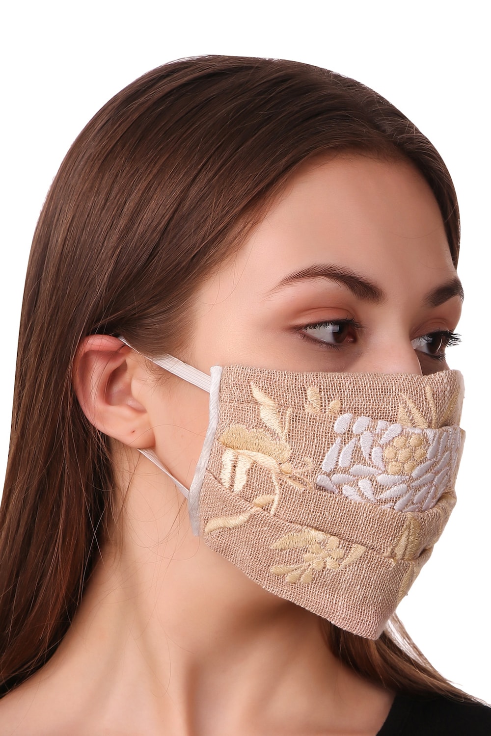 Floral Embroidered Jute Pleated Face Mask - Reusable & Breathable Cotton Fabric for Women - Perfect for Daily Use, Outdoor Activities & Travel Protection