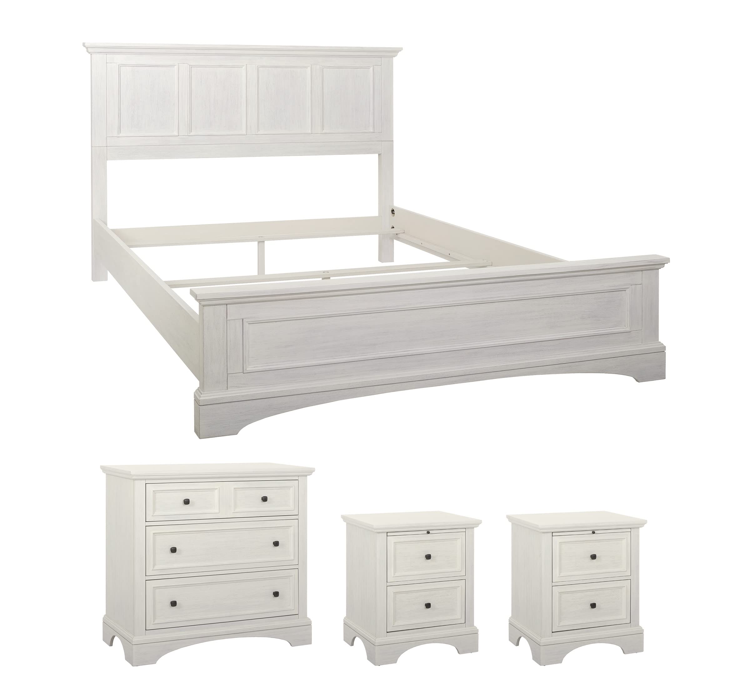 OSP Home Furnishings 4-Piece Farmhouse Bedroom Set - Queen Bed, 2 Nightstands & 3-Drawer Chest in Rustic White | Perfect for Cozy Country-Style Bedrooms & Guest Rooms