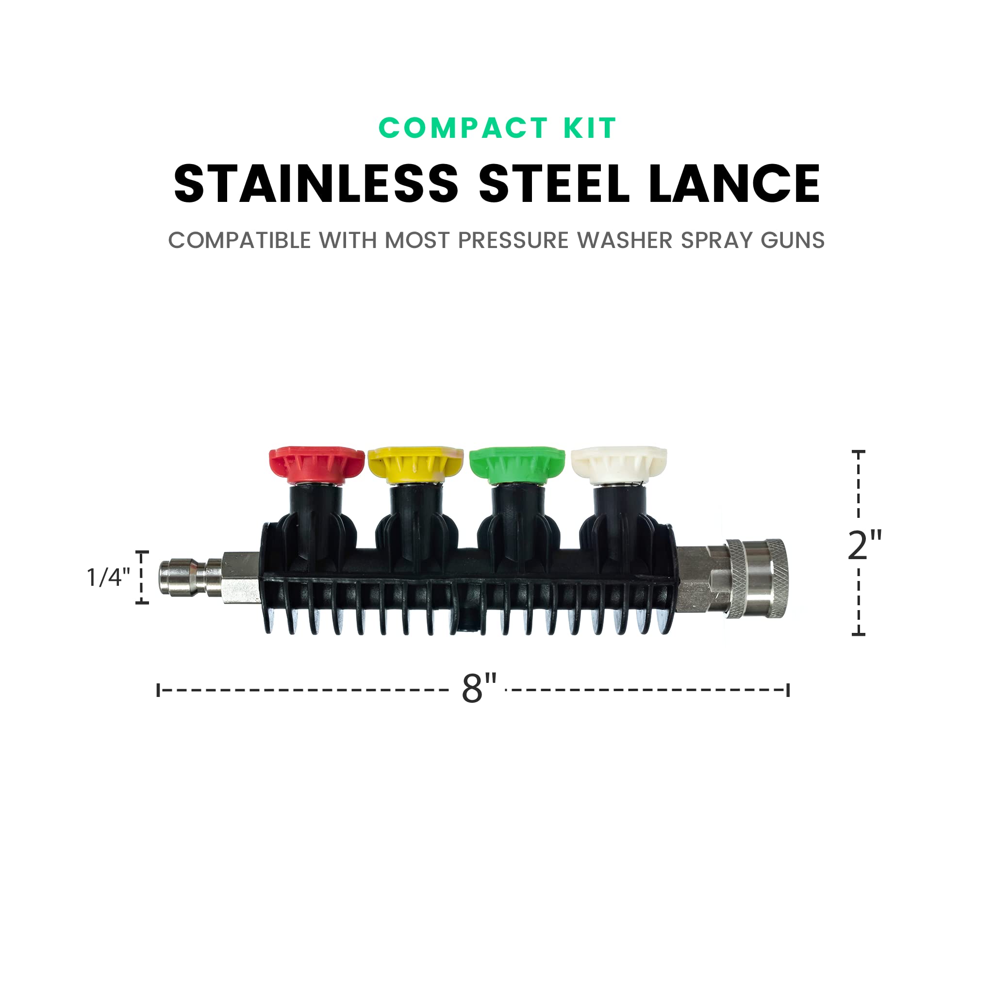 Stainless Steel Pressure Washer Lance with Quick Connect & Nozzle Holder - 4 Wash Nozzles for Car Cleaning, Driveway, Patio & Outdoor Surfaces - Heavy Duty Detachable Wand for Home & Commercial Use
