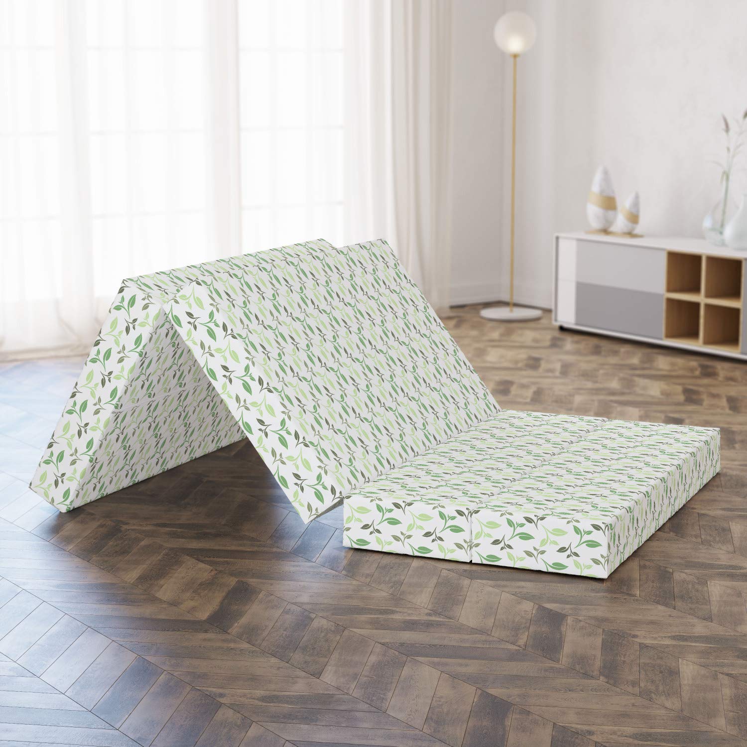 Ambesonne Green Foldable Mattress - Tea Leaves Faded Colors, 78.7