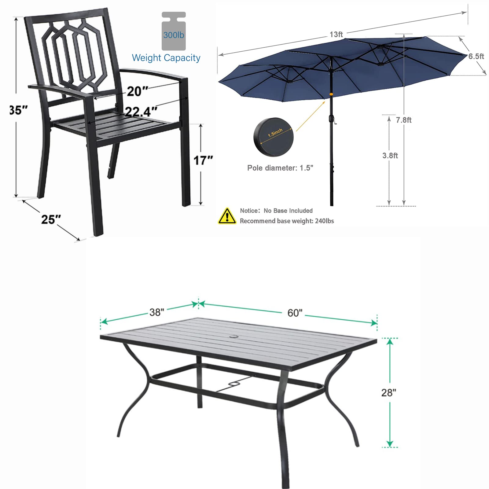 MFSTUDIO 8-Piece Outdoor Patio Dining Set with 4 Stackable Chairs, 2 Swivel Chairs, Steel Frame Table & 13ft Navy Blue Umbrella (Base Not Included) - Perfect for Backyard BBQs, Poolside Gatherings & Garden Parties