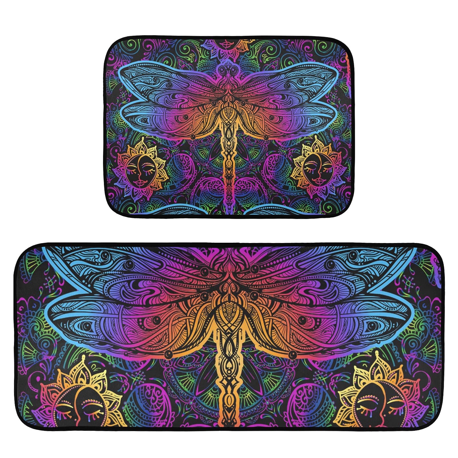 Premium Mandala Dragonfly Kitchen Mat Set - 2-Piece Anti-Fatigue Cushioned Rugs, Non-Slip Washable Floor Mats for Kitchen, Bathroom & Entryway (19.7