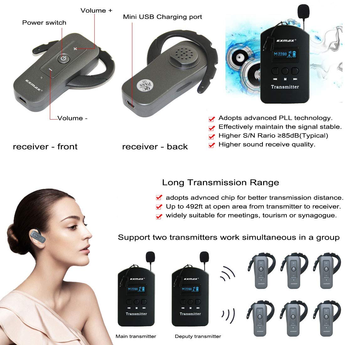 EXMAX EXD-6688 2.4GHz Wireless Tour Guide Headset System - Dual Transmitter Church Translation Device for Field Trips & Training (60 Receivers + Silver Storage Case) - Perfect for Guided Tours, Museum Visits & Educational Events