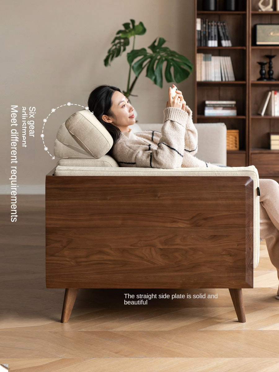 Premium Black Walnut & Ash Solid Wood Adjustable Headrest Sofa - Modern Living Room Furniture for Relaxation & Comfort