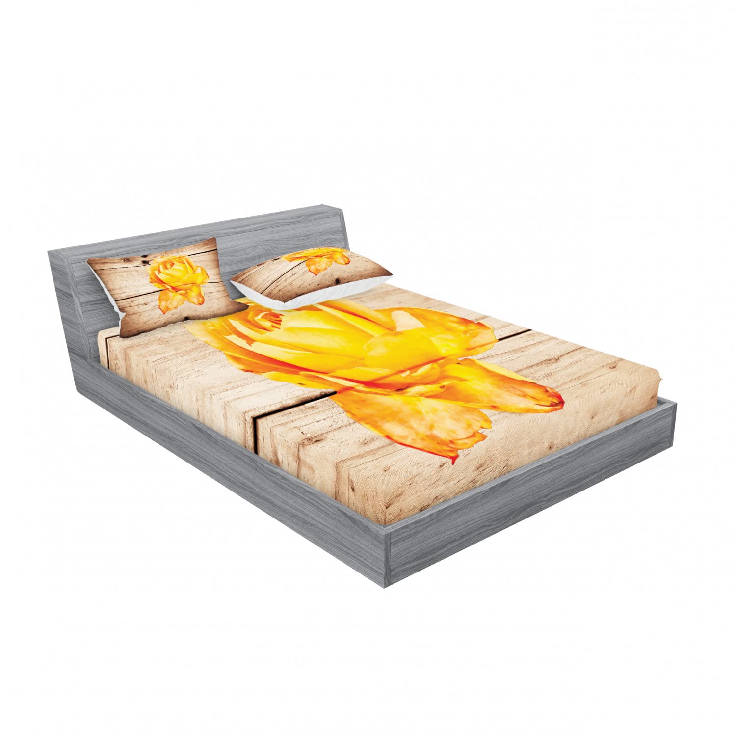Ambesonne Romantic 2-Piece Queen Size Bedding Set - Floral Rose Petal Design Fitted Sheet & Pillow Sham (4-Pc Set) in Orange & Yellow | Soft Luxury Bed Sheets for Master Bedroom, Guest Room Decor