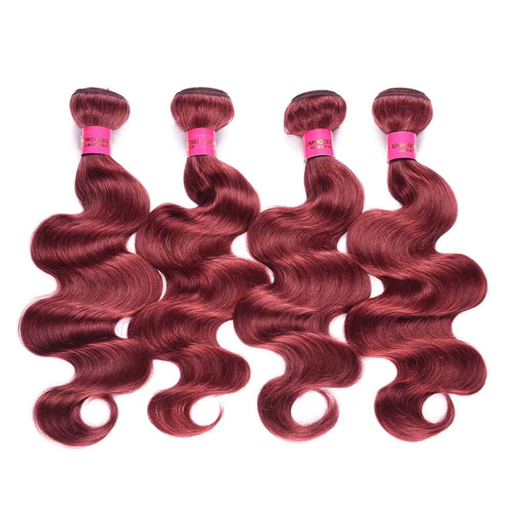 Brazilian Body Wave Virgin Hair Bundles 4PCS - 100% Human Hair Weave #33 Wine Red (18