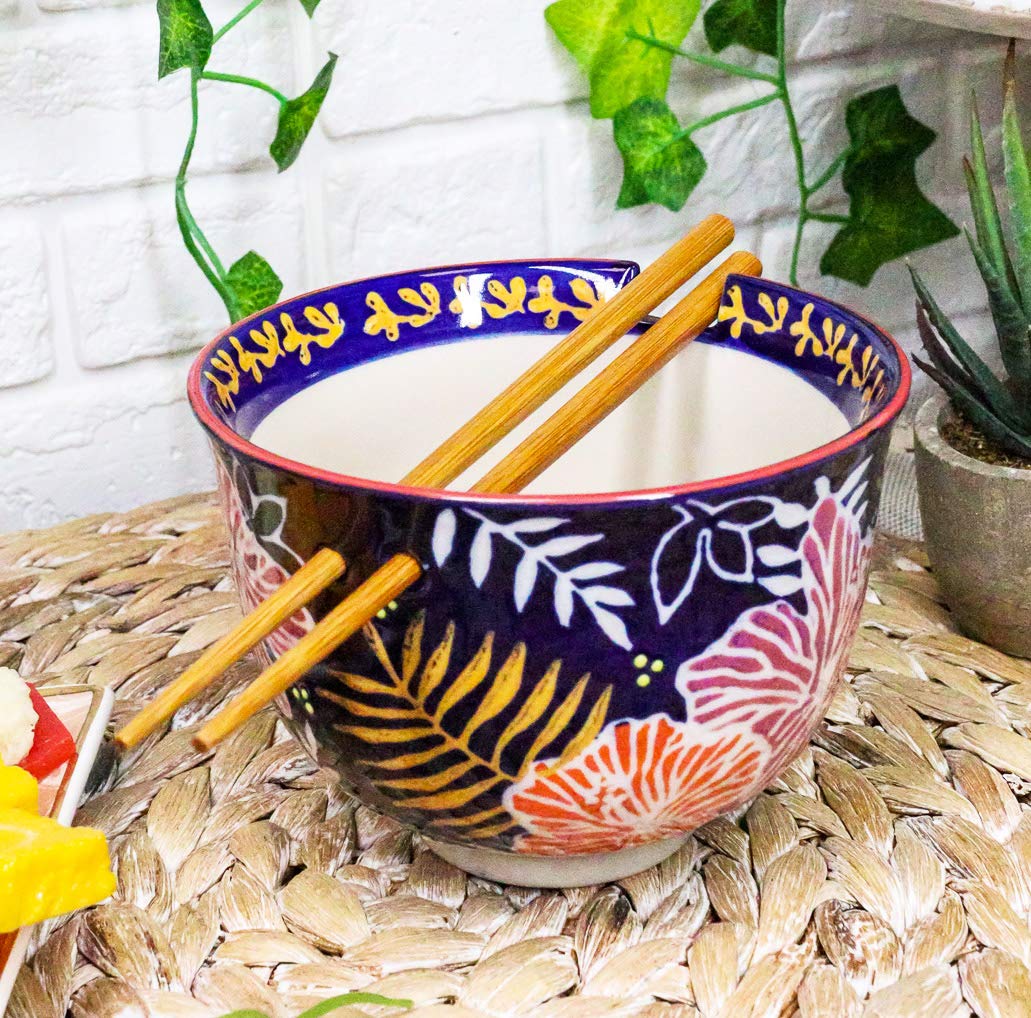 Ebros Blue Ceramic Ramen Bowl with Built-in Chopstick Rest - Floral and Leaf Design Porcelain Noodle Soup Rice Dish - Includes Bamboo Chopsticks - Perfect for Asian Cuisine, Udon, Pho, and Home Dining