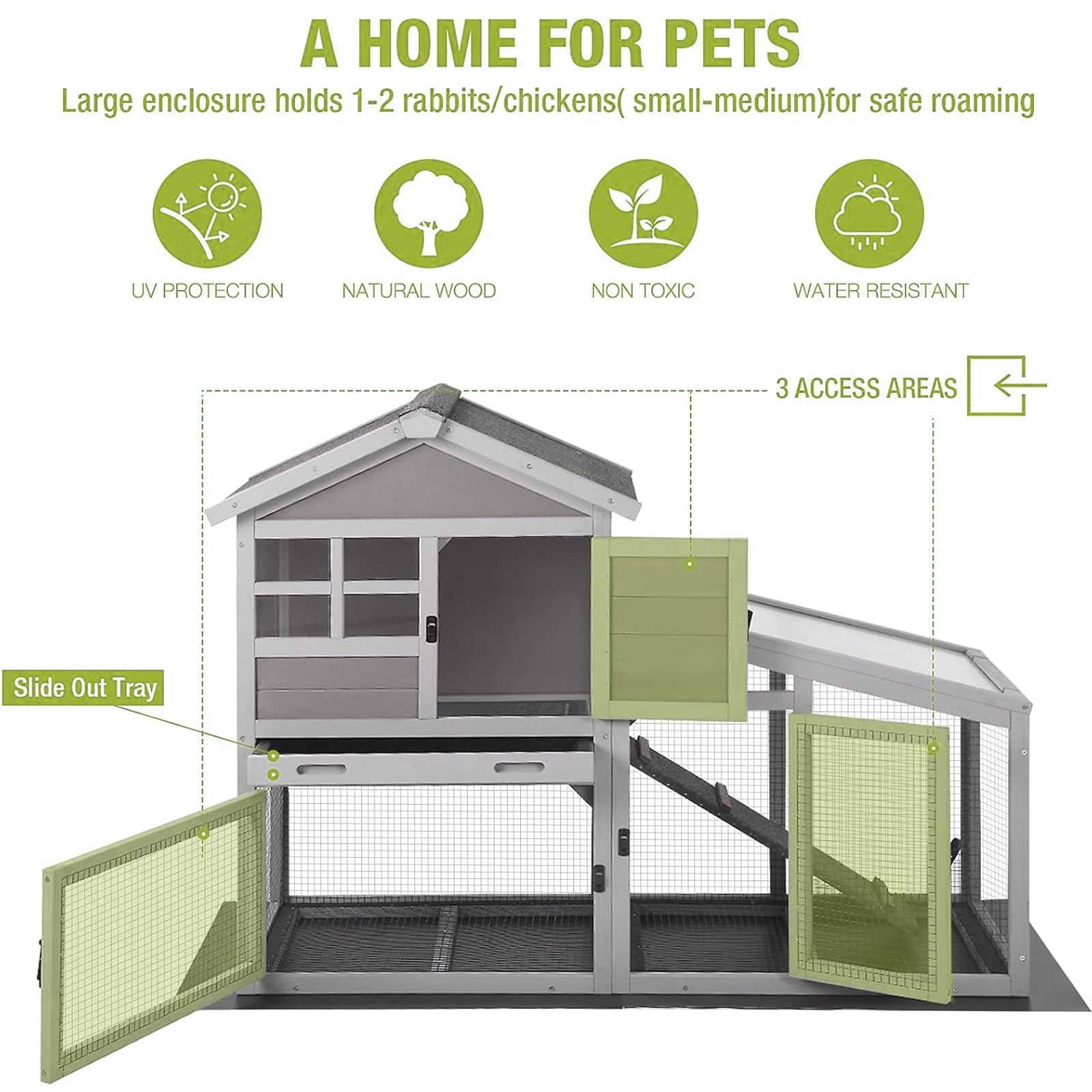 Premium Wooden Chicken Coop & Rabbit Hutch - 2-Tier Outdoor/Indoor Small Animal Cage with Metal Floor Grid, PVC Leak-Proof Bottom, Ramp & UV-Coated Roof (53.4