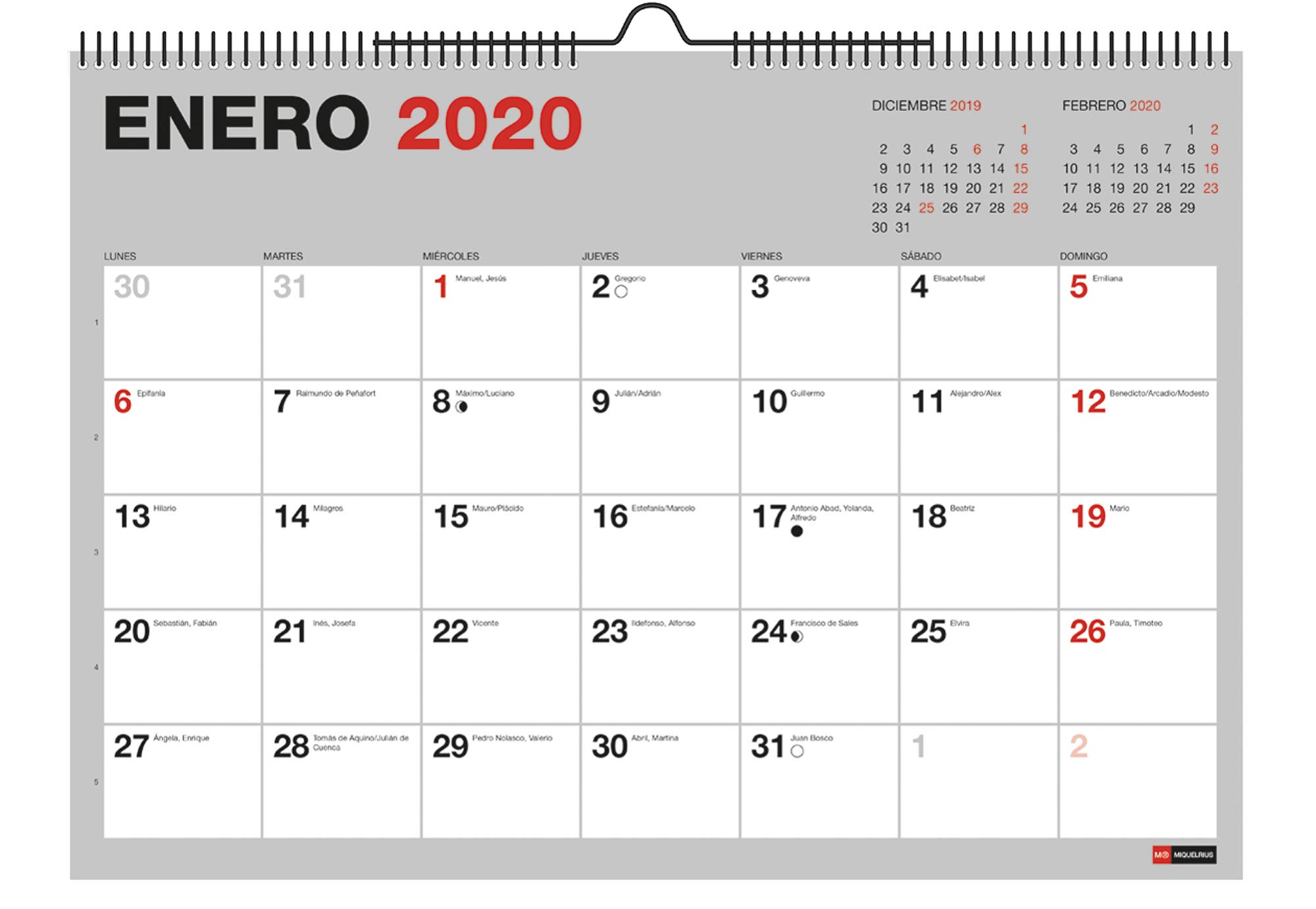 Miquelrius 28033 A3 Wall Calendar 2020 - Grey Writing Planner with Spanish Language | Perfect for Home, Office & School Organization