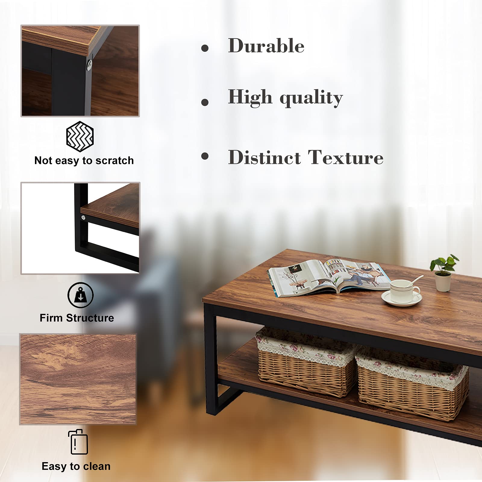 DIMAR GARDEN 41.7 Inch Industrial Wood Coffee Table with Storage Shelf - Rustic Brown Living Room Furniture for Small Spaces, Home Decor & Coffee Table Books Display
