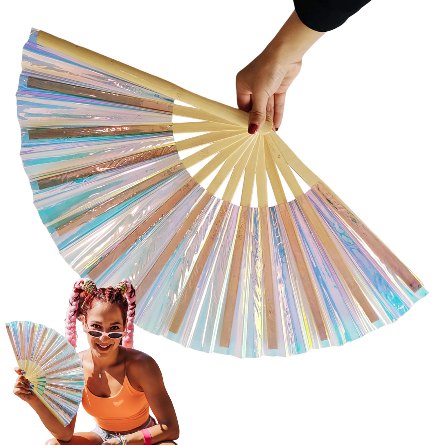 1PC Holographic Handheld Folding Fan - Shining Rave Fan with 3D Illusion Effect, Iridescent Festival Hand Fan for Men & Women - Perfect for Raves, Concerts, Cosplay & Summer Outfits