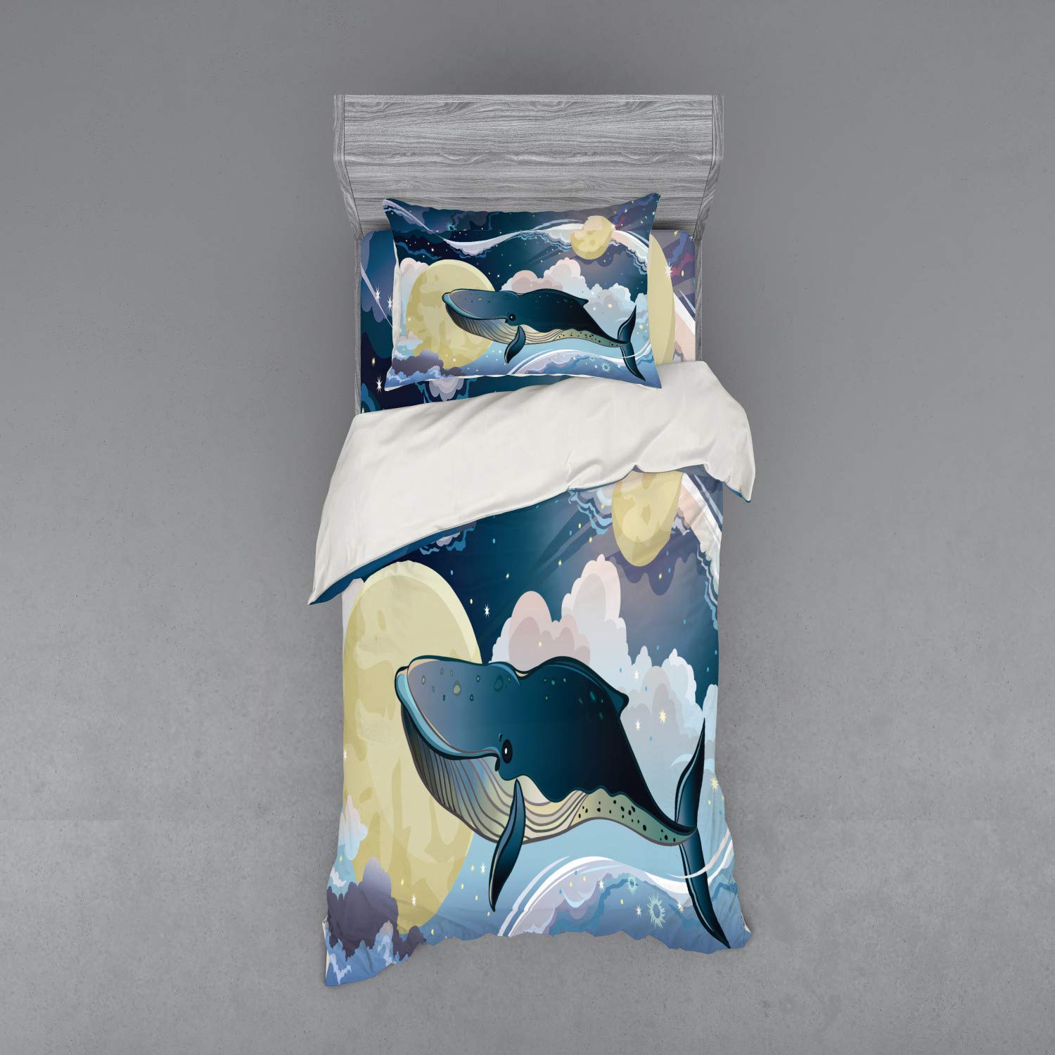 Ambesonne Cartoon Bedding Set - Bohemian Fish & Planets Duvet Cover with Sham & Fitted Sheet, Twin Size, Night Blue & White | Modern Illustration Style for Kids & Teens Bedroom Decor