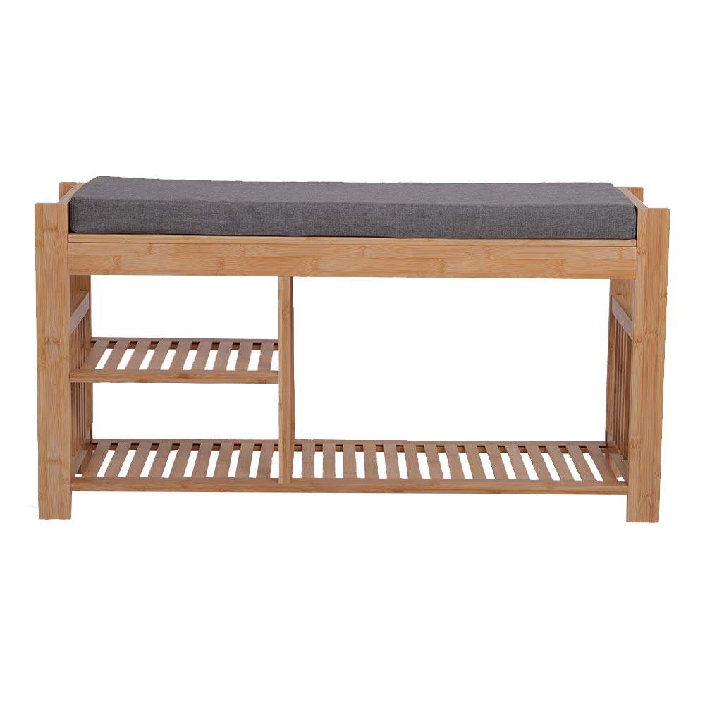 Bysesion GT2-XJ 100% Bamboo Shoe Stool with Cushion - 3-Tier Entryway Bench with Shoe Storage, Natural Wooden Shoe Rack Organizer for Bedroom, Bathroom & Hallway (29.2 x 96 x 49cm) - Perfect for Small Spaces & Home Organization