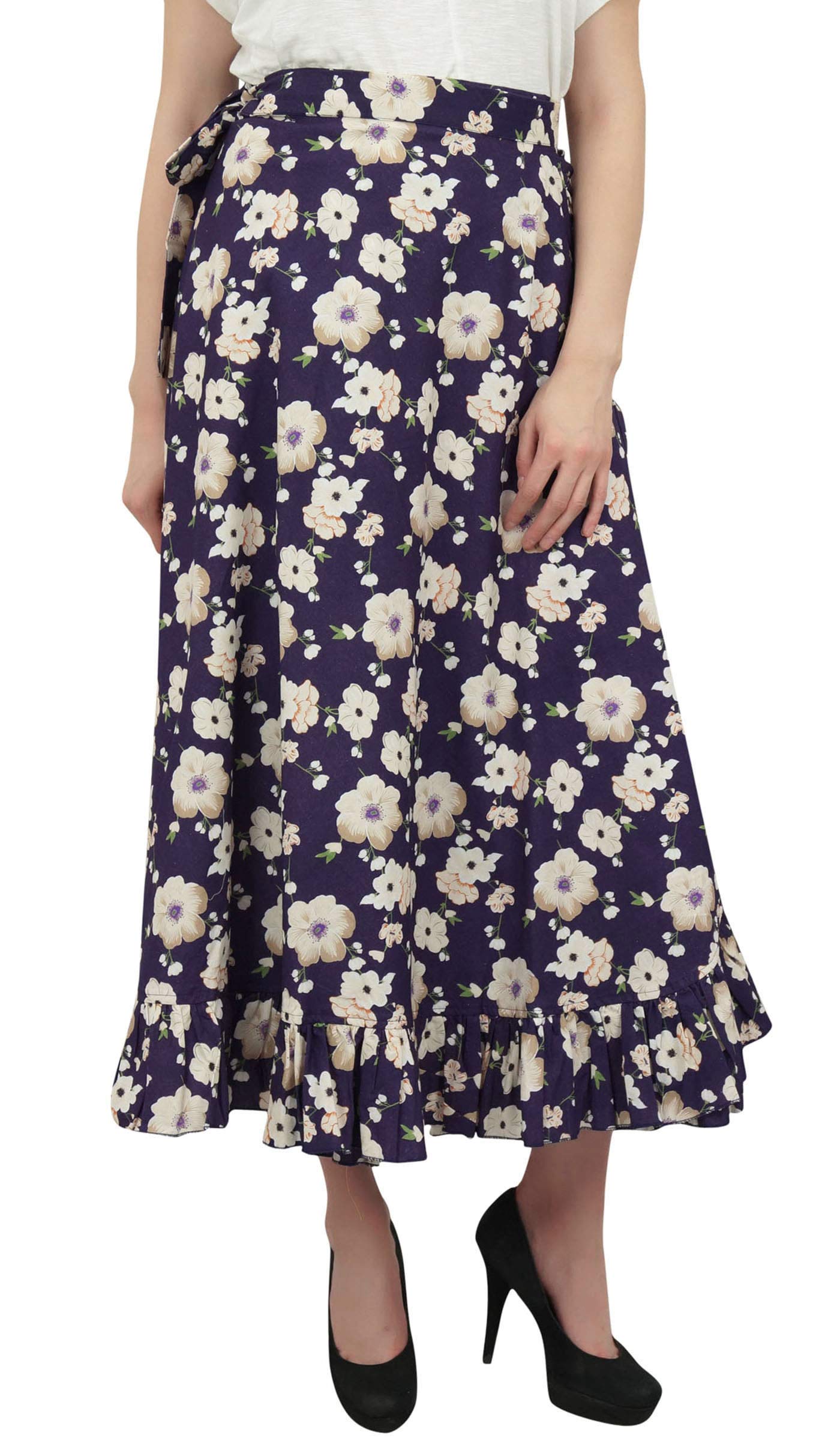 Women's Plus Size Printed Single Layer Cotton Magic Wrap Skirt - Flowy Ruffled Wrap Skirt for Casual Wear, Beach Cover Up & Summer Outfits