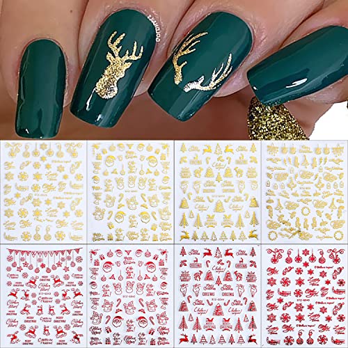 Christmas Nail Stickers 8 Sheets - 3D Self-Adhesive Winter Nail Art Decals with Red Gold Elk, Christmas Tree, Snowflake & Snowman Designs - DIY Manicure Decorations for Women, Girls & Kids | Perfect for Holiday Parties, Gifts & Nail Salon Use