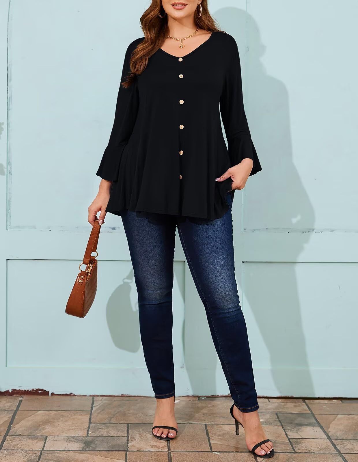 LARACE Women's Plus Size 3/4 Sleeve V-Neck Tunic Tops - Fall Fashion T-Shirts to Wear with Leggings | Casual Outfit for Work, Weekend & Layering