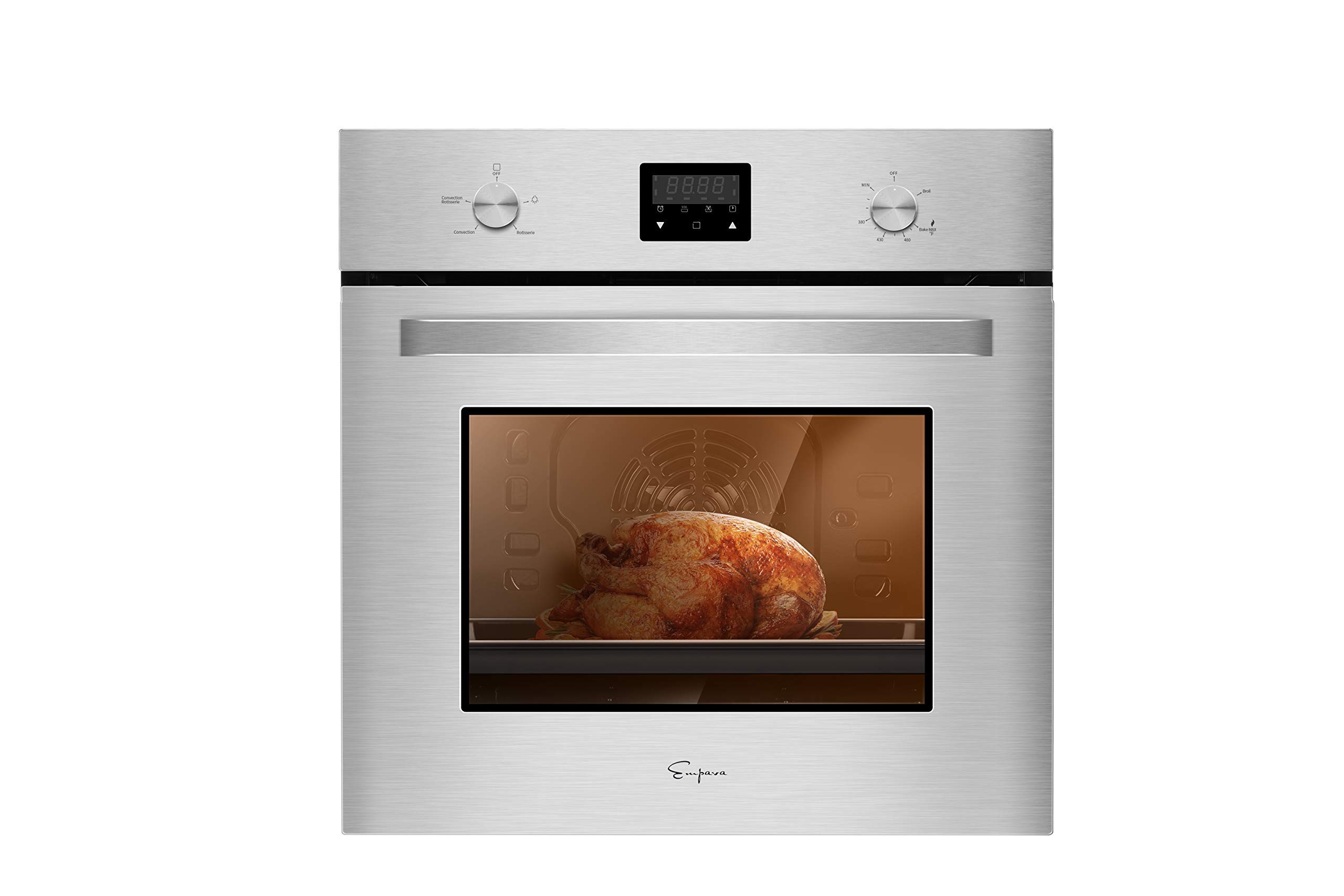 Empava 24 Inch Stainless Steel Single Gas Wall Oven with Bake, Broil & Rotisserie Functions - Mechanical Controls, Digital Timer & Convection Fan - Perfect for Home Kitchens, Small Spaces & Gourmet Cooking