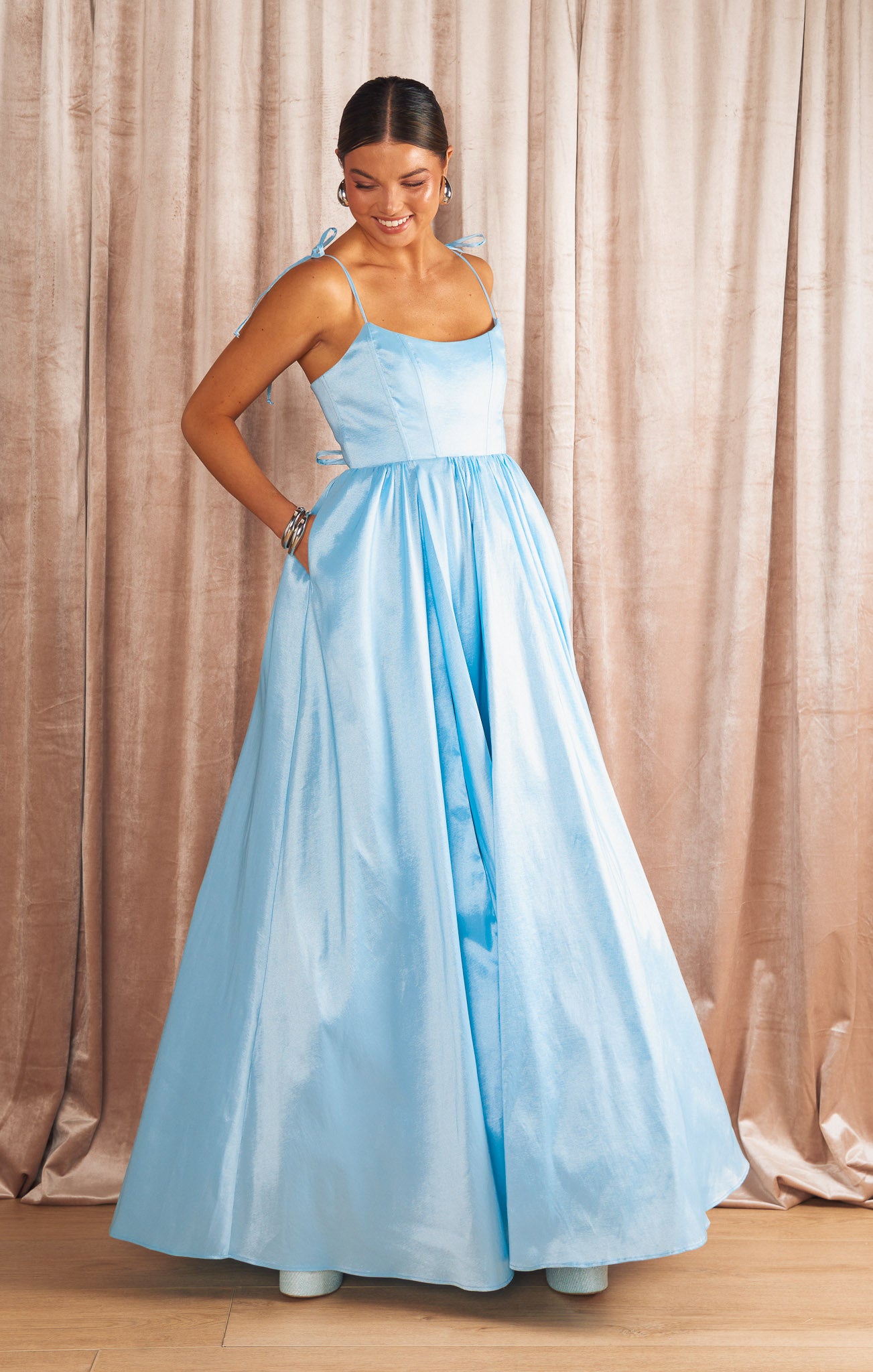 Juliet Maxi Dress - Light Blue Taffeta Formal Gown for Women | Elegant Prom, Wedding Guest & Evening Party Dress